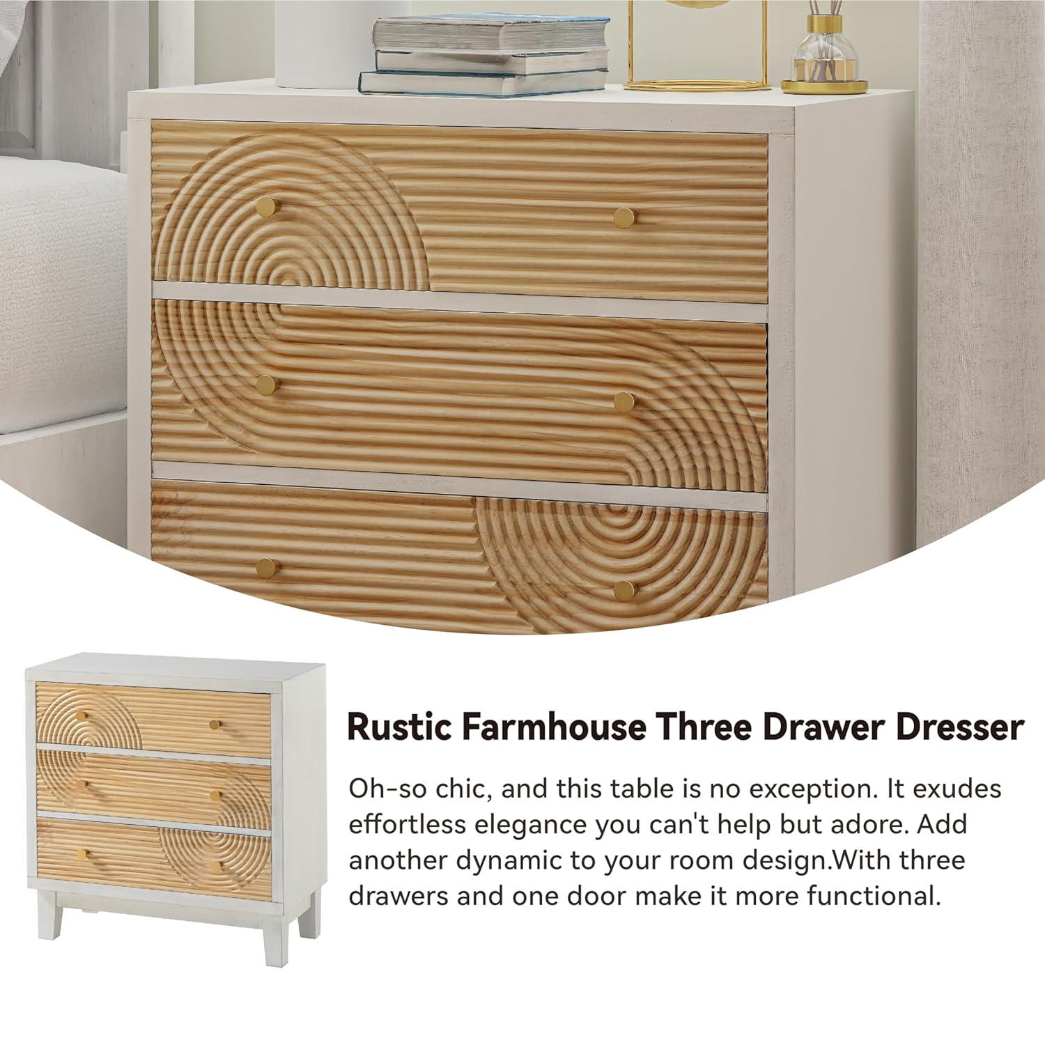 COZAYH 3-Drawer Farmhouse Dresser with Handicraft Wood Ring Motif, Fully Assembled Nightstand Wooden Finish for Boho, Mid-century, Rustic Style