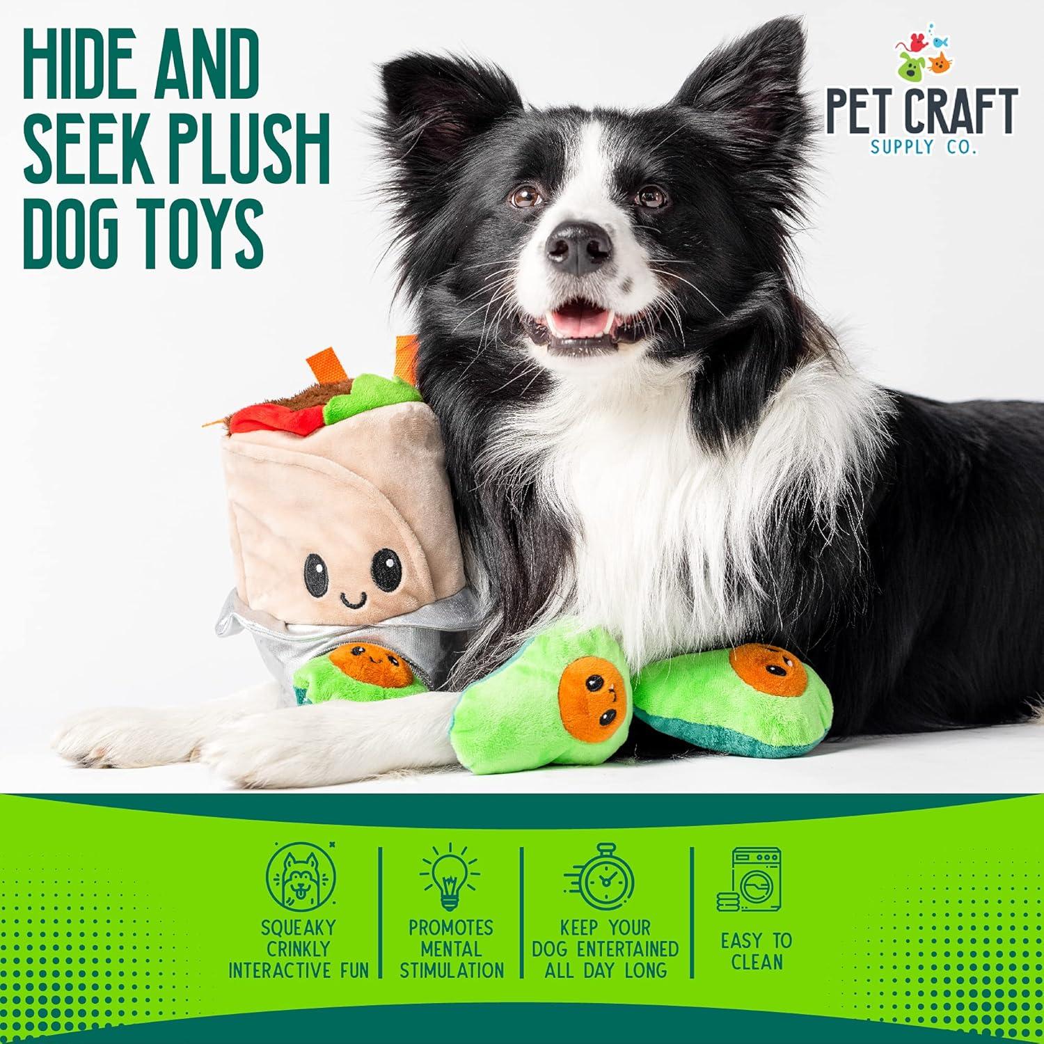 Pet Craft Hide 'n Seek Plush Dog Toy Crinkle Squeaky Interactive Toy for Small Medium Dogs, Burrito