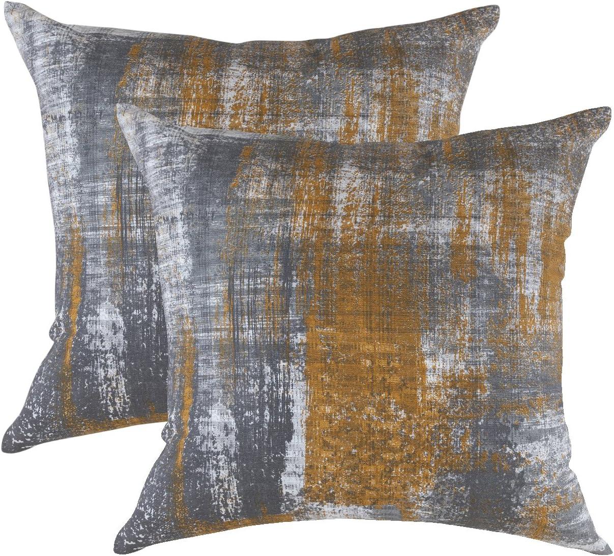 Mustard and Gray Cotton Euro Square Throw Pillow Covers, 16 x 16 Inches, Set of 2