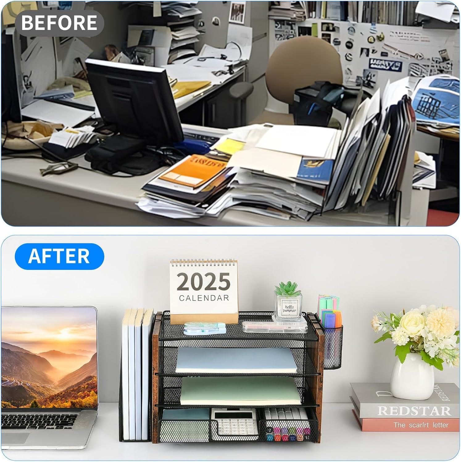 Desk Organizer and Accessories, 4-Tier Desktop File Organizer with Drawer and 2 Pen Holders, Office Desk Accessories for Office Supplies(Black)