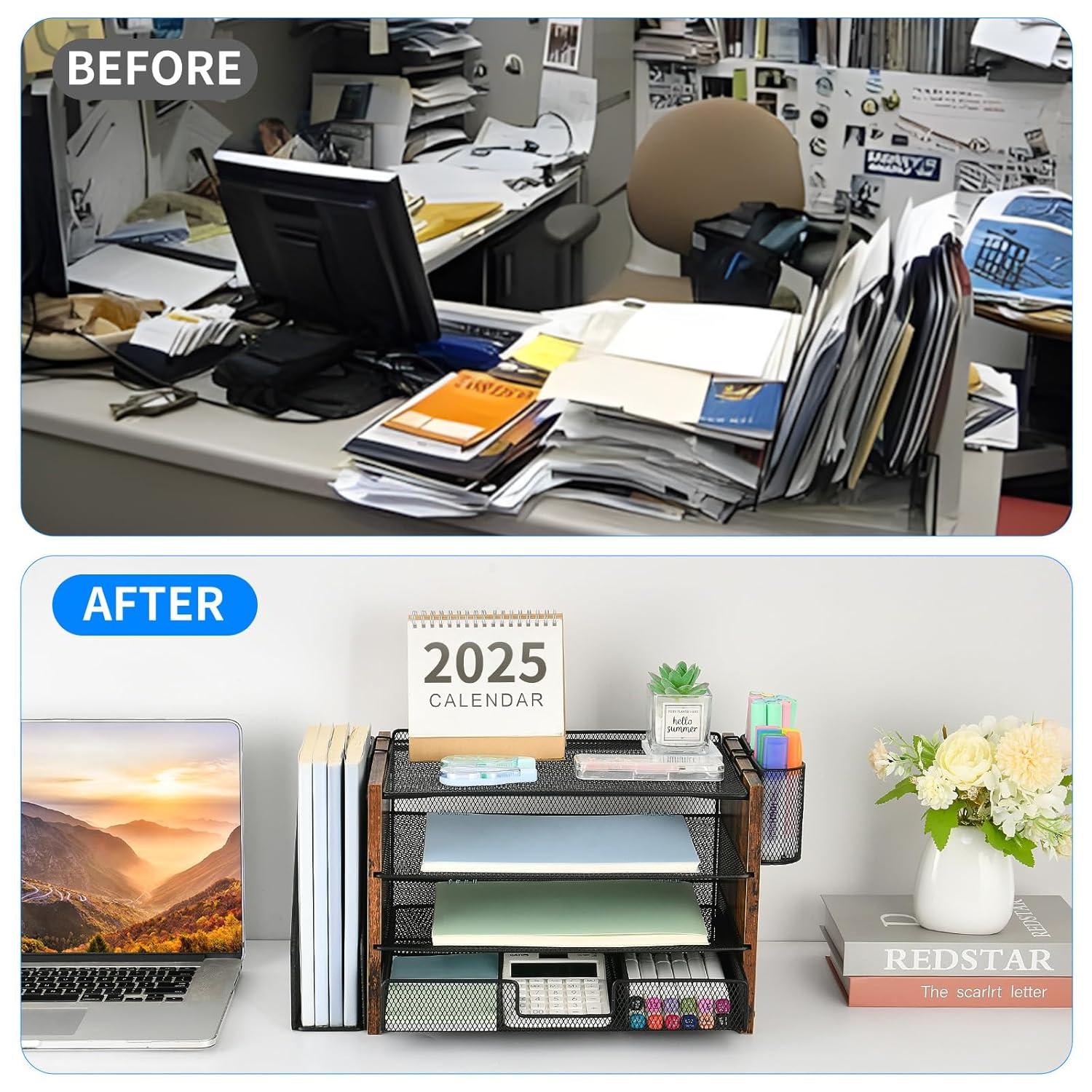 Desk Organizer and Accessories, 4-Tier Desktop File Organizer with Drawer and 2 Pen Holders, Office Desk Accessories for Office Supplies(Black)