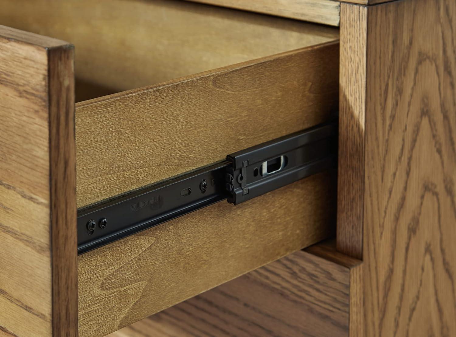 Light Brown Oak Veneer 8-Drawer Dresser with Black Iron Pulls