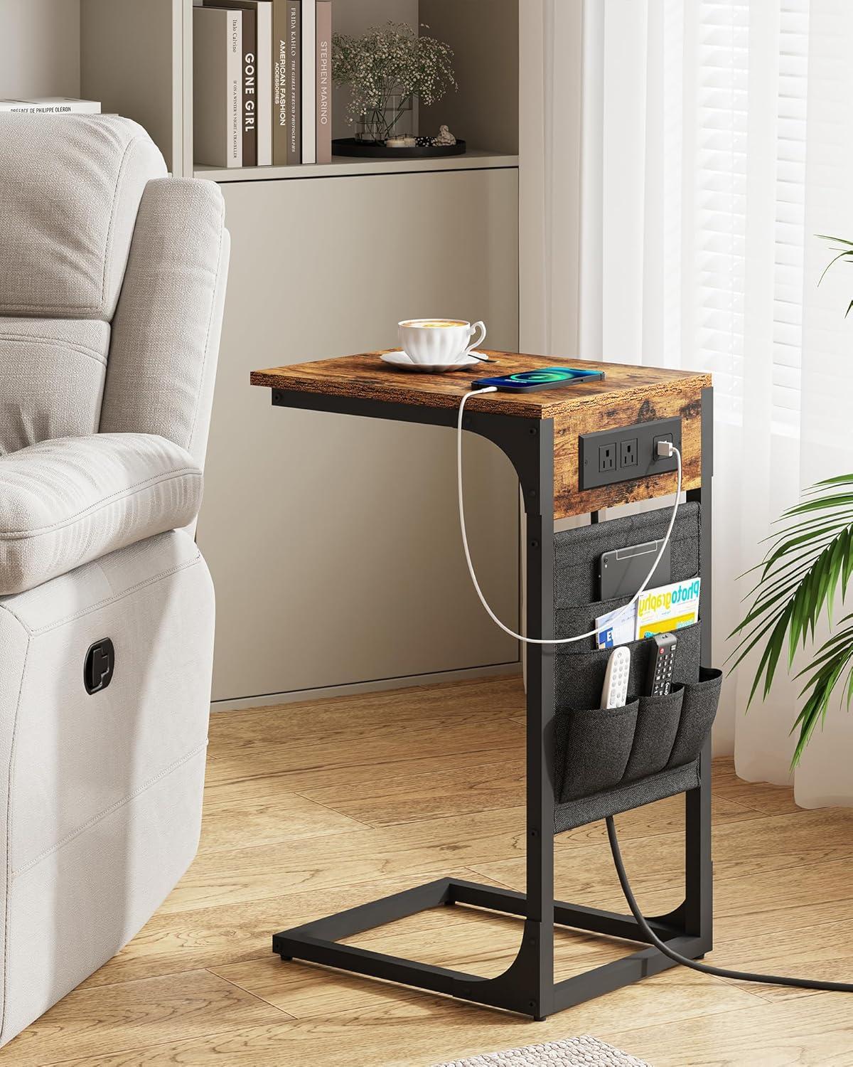 End Table Set of 2 with Charging Station and Storage Bag Side Table Living Room with USB Ports and Outlets Couch Tables That Slide Under, Small Snack Table for Small Spaces Brown