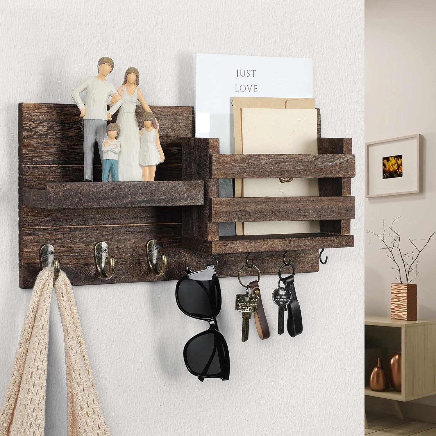 Rustic Brown Wooden Wall Mounted Key Rack with Shelf and Hooks