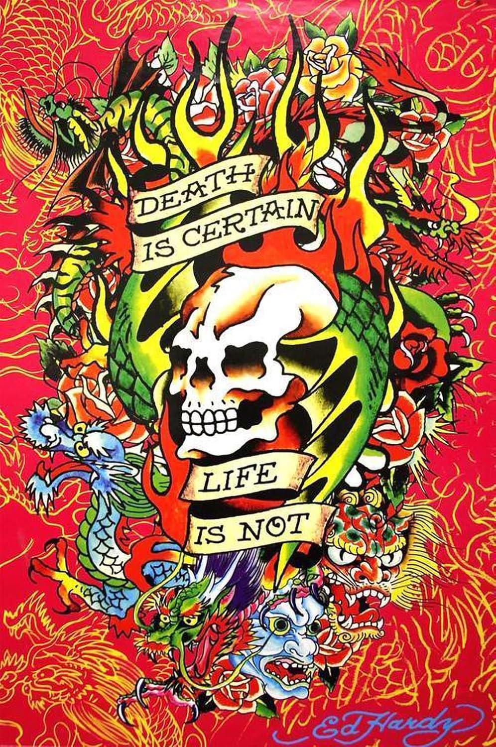 buyartforless Ed Hardy Death is Certain - Life is Not 19.5x15.5 Tattoo Art Print Poster Dragons and Skulls with Hidden Images
