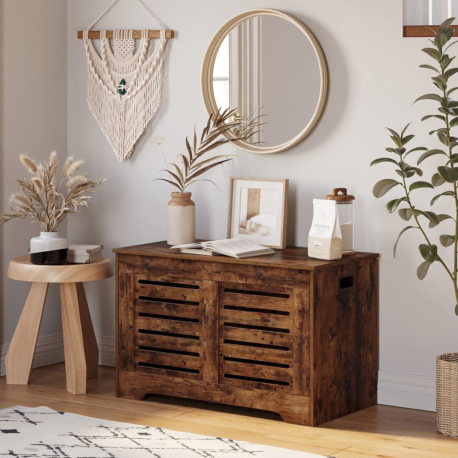 Rustic Brown Wooden Flip-Top Storage Chest with Safety Hinges