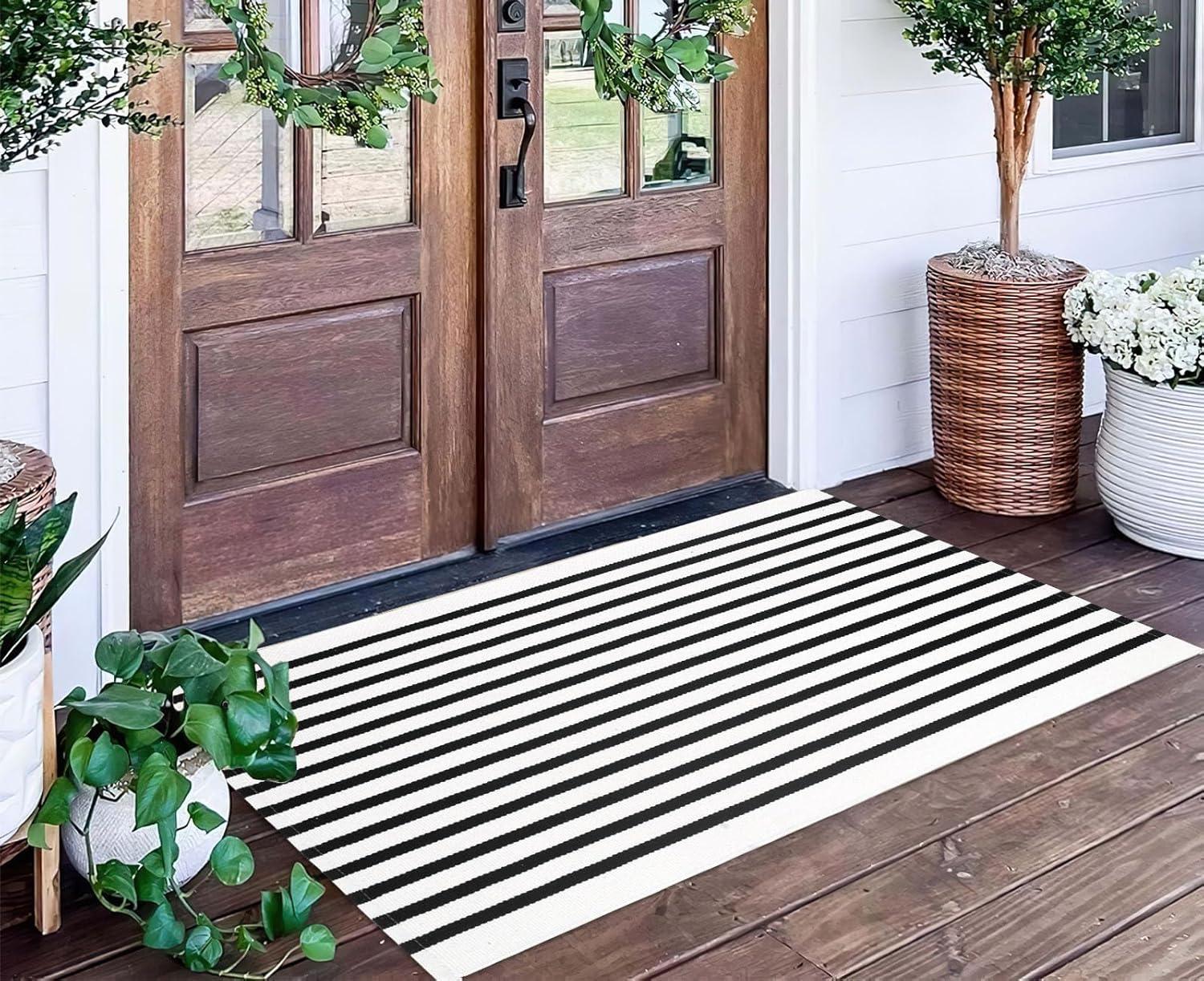 Black and White Striped Hand-Woven Outdoor Rug 24'' x 51''