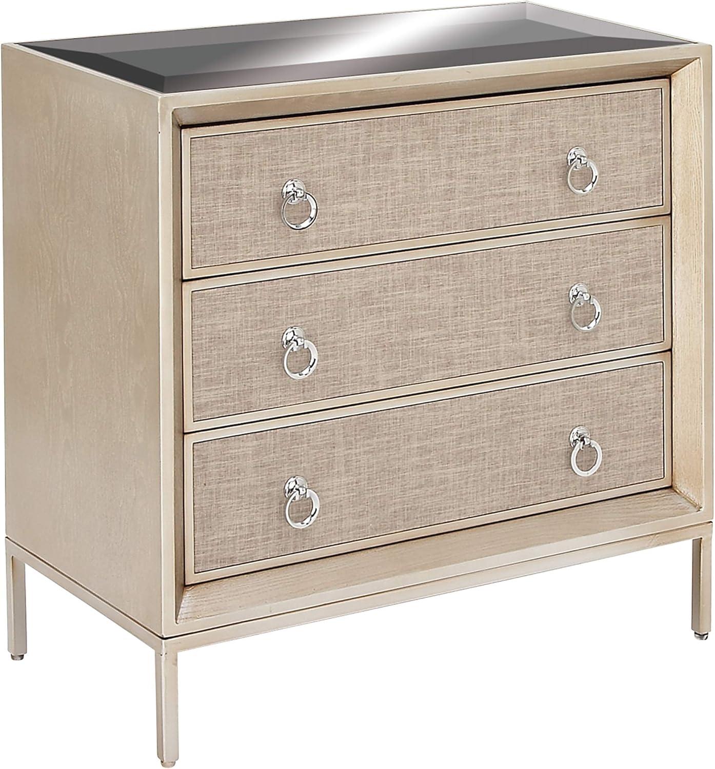 Imboden Wooden Upholstered Front Panel 3 Drawer Room Chest with Mirrored Top and Ring Handles