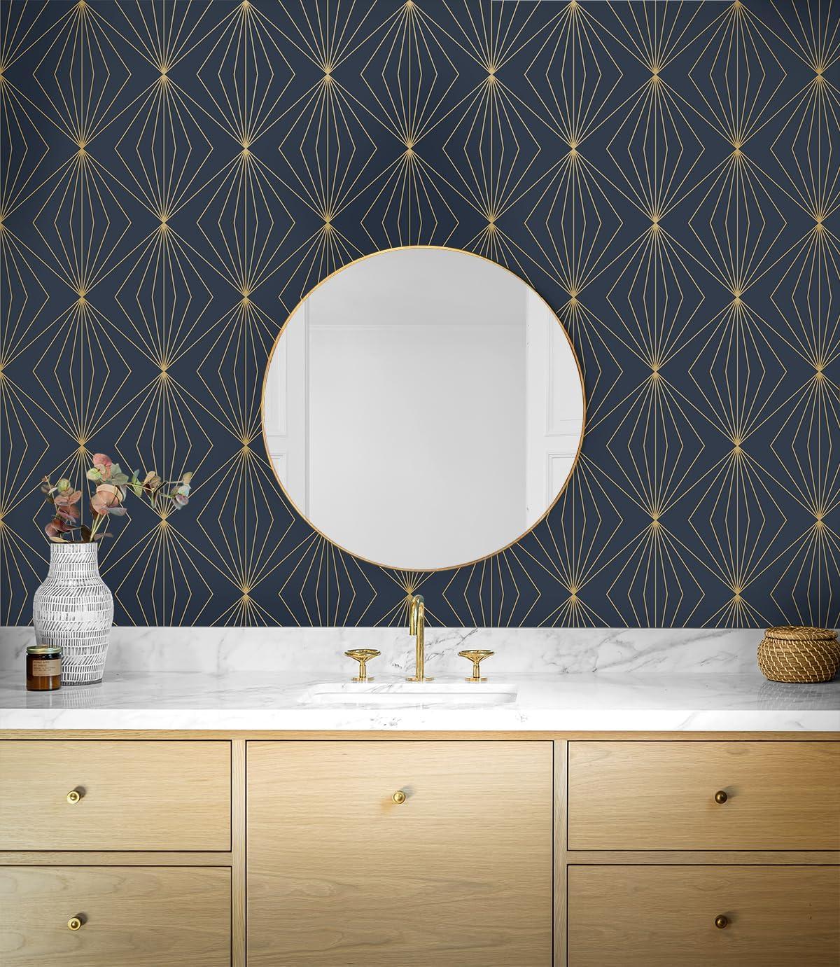 Dark Blue and Metallic Gold Geometric Peel and Stick Wallpaper