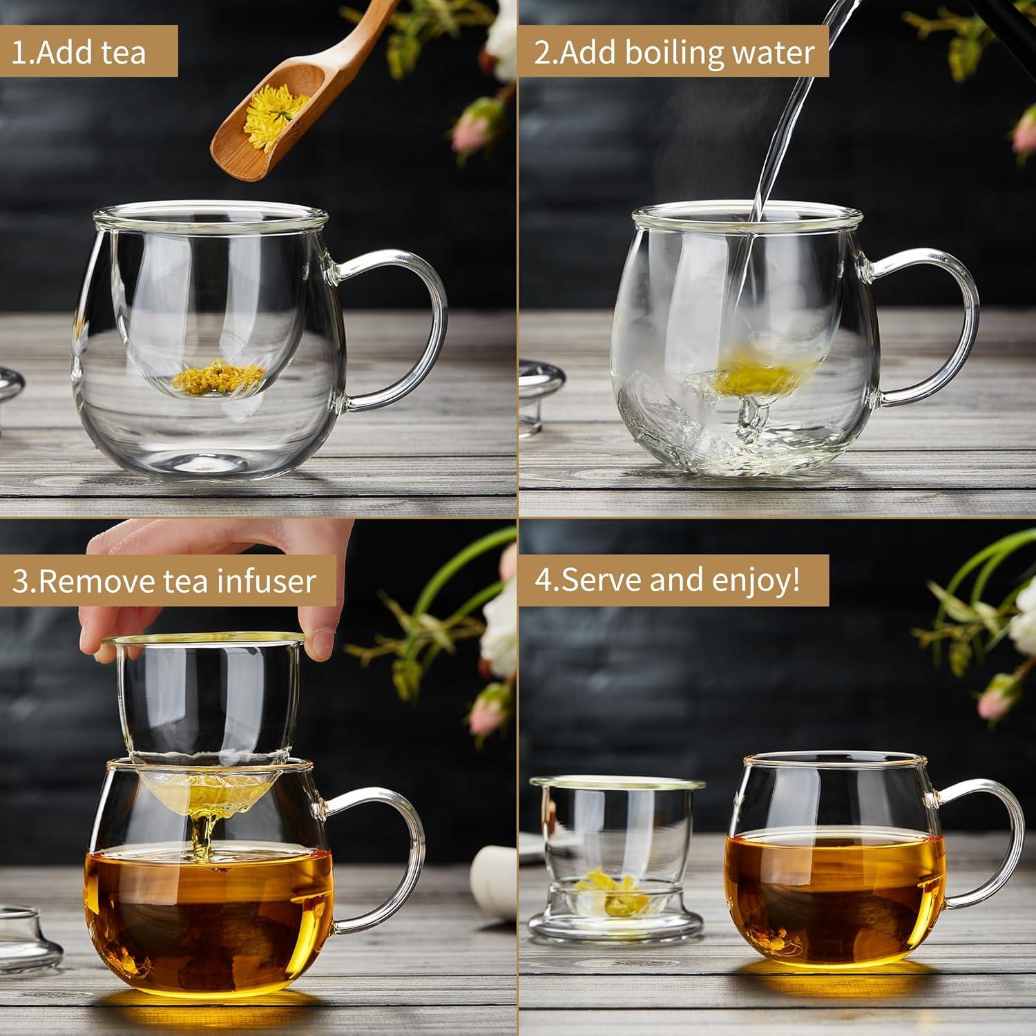 GZhLonKiMa Glass Tea Cup with Infuser and Lid 17 fl oz, Gas Stovetop Safe, Heat Resistant Borosilicate Glass Tea Infuser Mug for Blooming and Loose Leaf Tea