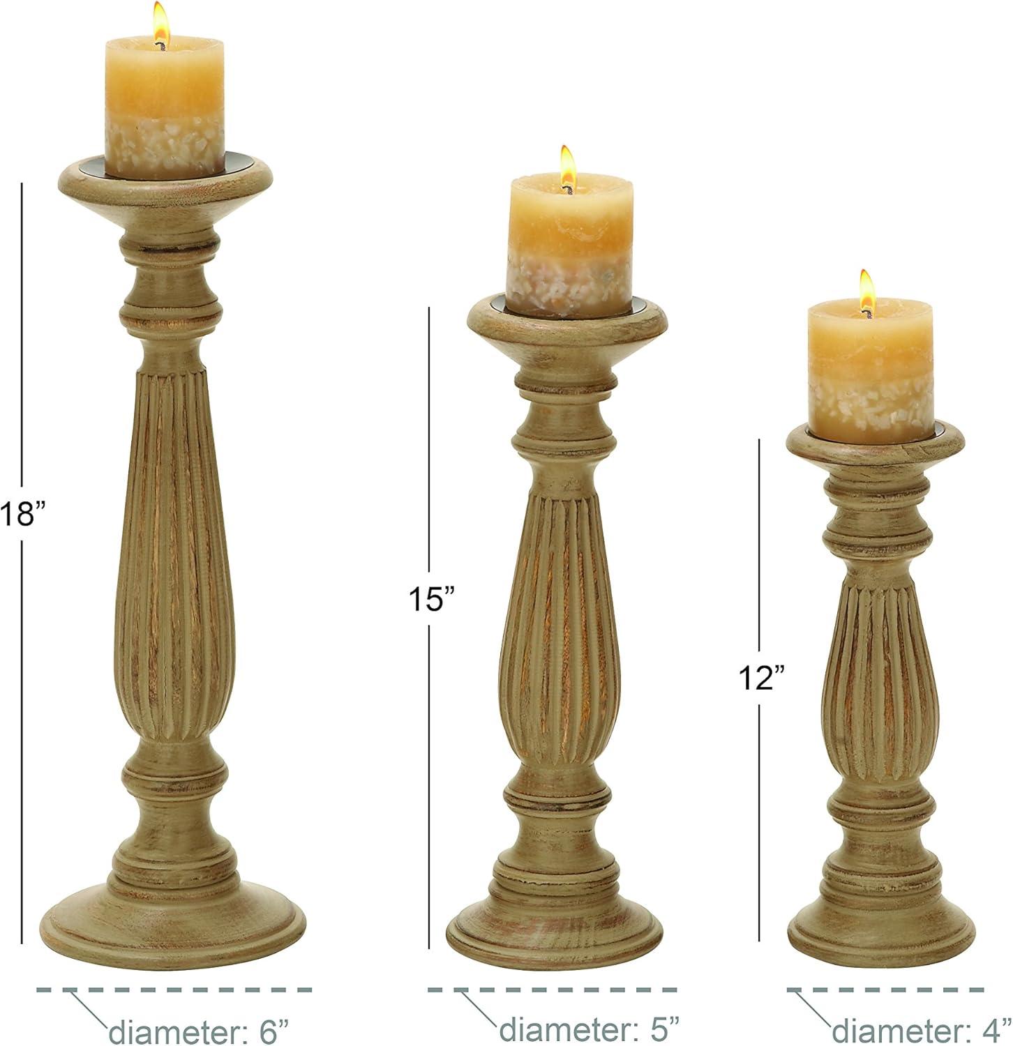 Olivia & May Set of 3 Farmhouse Mango Wood Teardrop Designed Pillar Candle Holders: Rustic Wooden Candlestick Holders