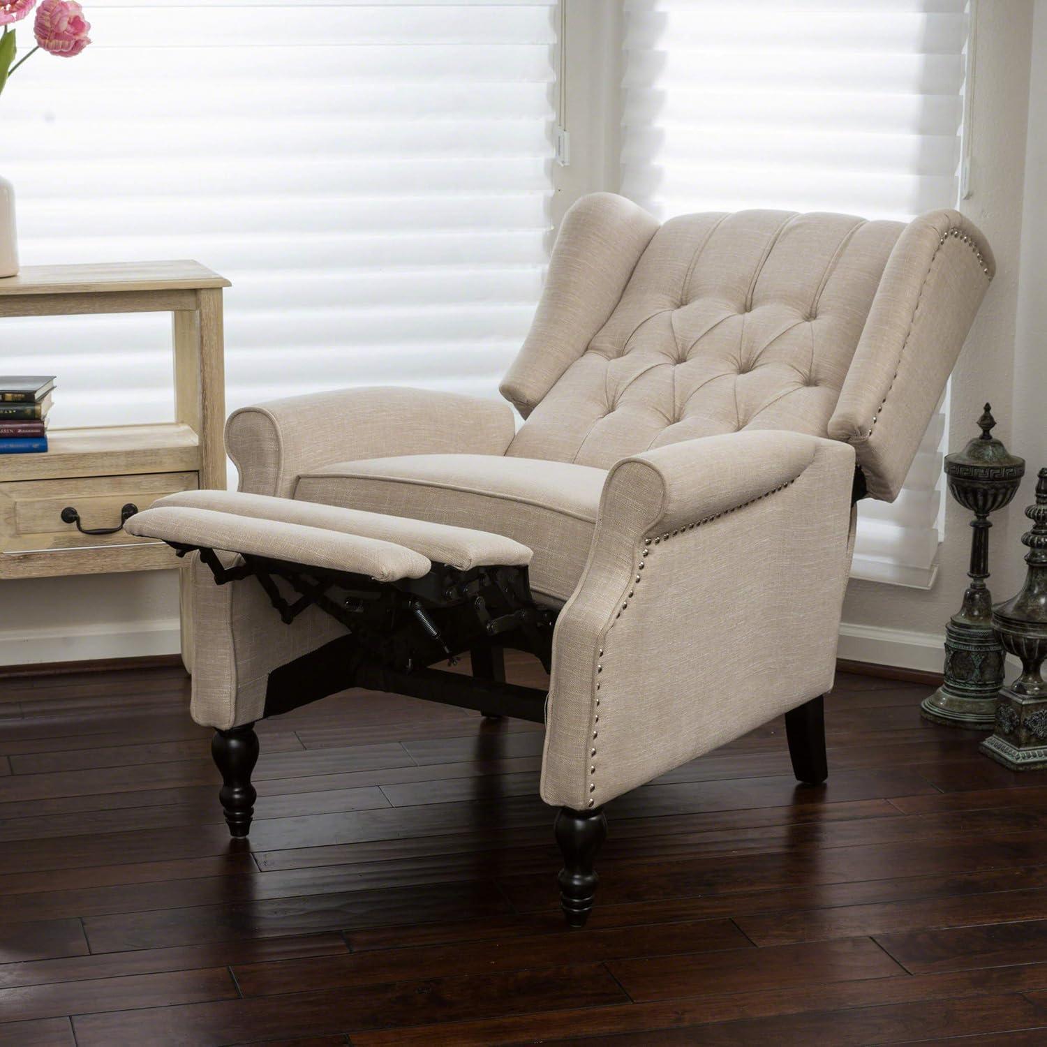 Walter Light Beige Fabric Recliner Club Chair - Christopher Knight Home: Elegant Tufted Wingback, Nailhead Trim, Polyester Upholstery