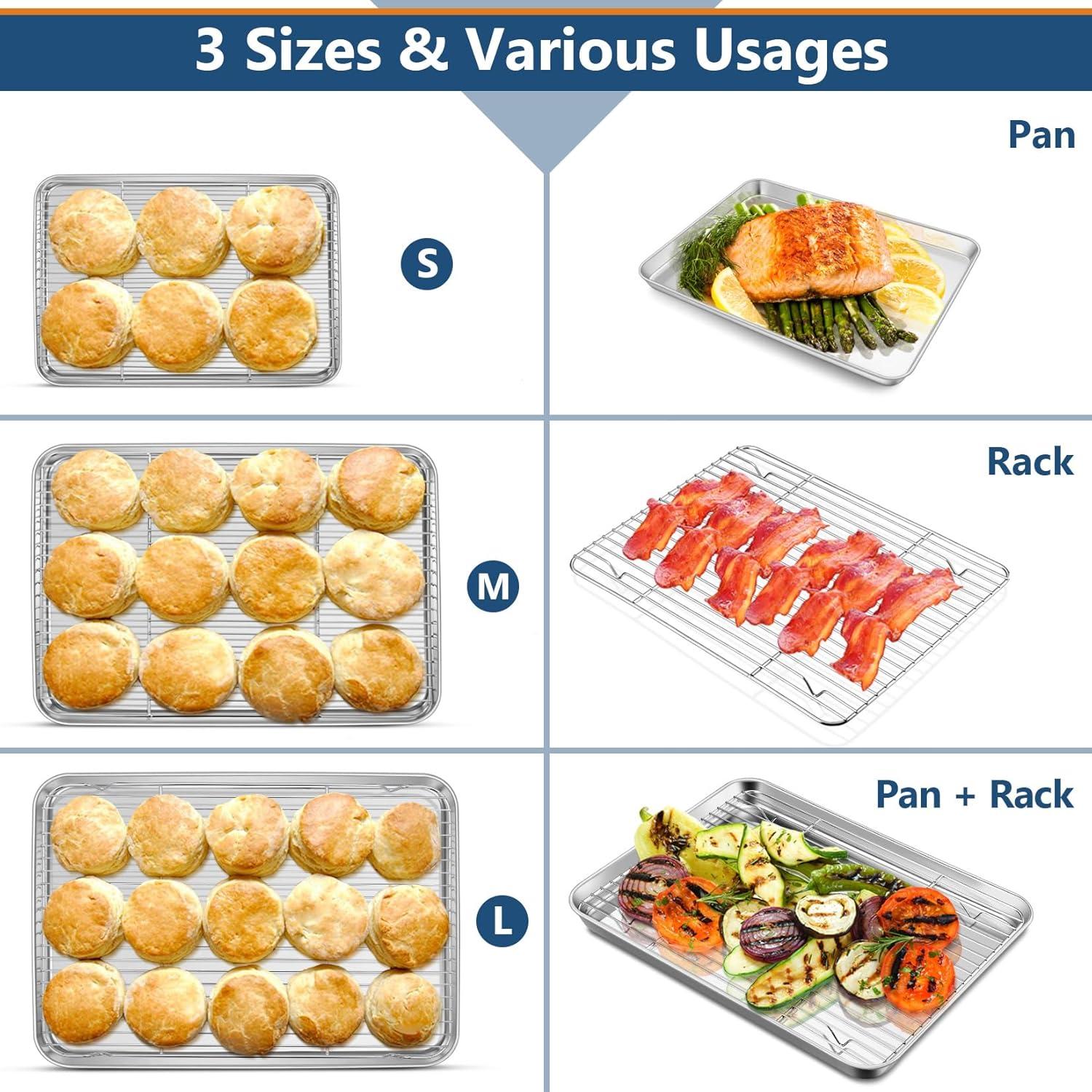 P&P CHEF Baking Sheet and Rack Set, 6 PACK (3 Sheets 3 Racks), Stainless Steel Baking Cookie Sheets Pans with Cooling Rack for Baking and Roasting, Oven & Dishwasher Safe 16"+12.5"+9" (3 Pans+3 Racks)