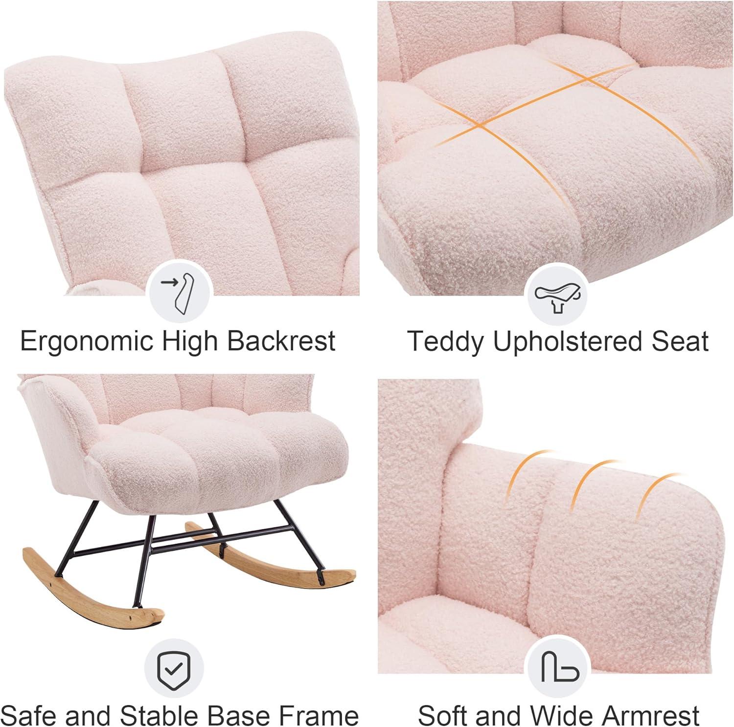 Nursery Rocking Chair Teddy, Upholstered Glider Rocker with High Backrest, Comfortable Stylish Accent Armchair with Padded Seat for Living Rooms, Bedrooms, Offices