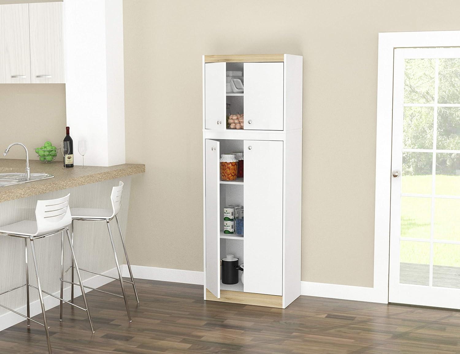 4 Doors Kitchen Storage Cabinet White/Oak - Inval: Modern Pantry with Adjustable Shelves