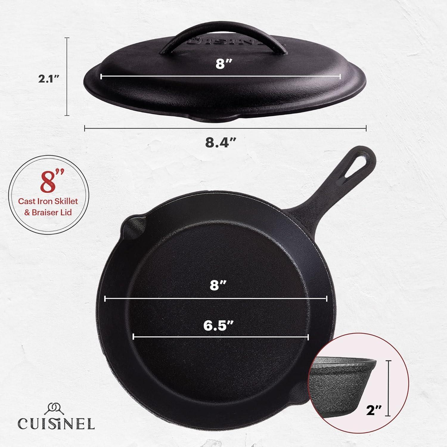 8-Inch Black Cast Iron Skillet with Lid and Red Silicone Handle