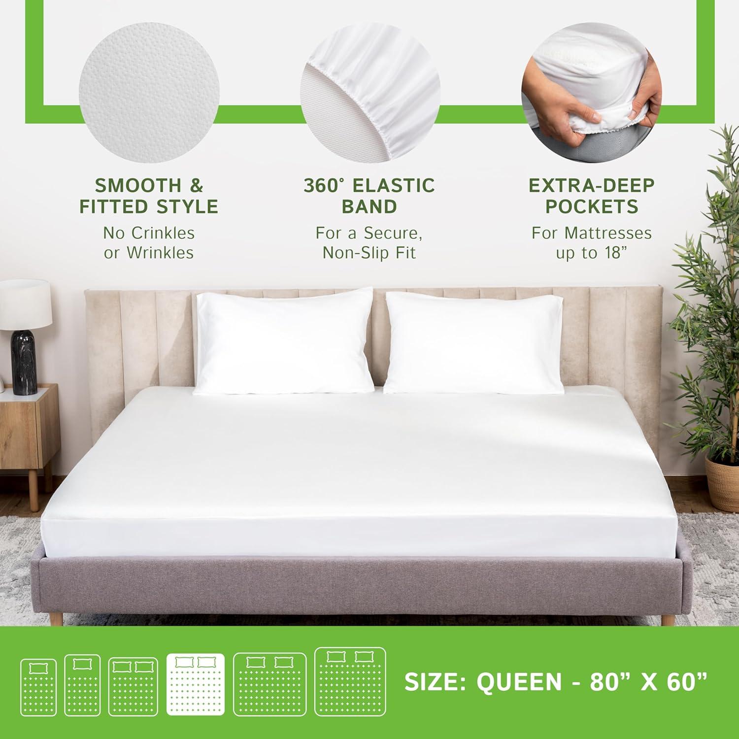 Queen Bamboo Mattress Protector - Waterproof Fitted Sheet Mattress Cover Hypoallergenic Soft Pad Protects From Dust