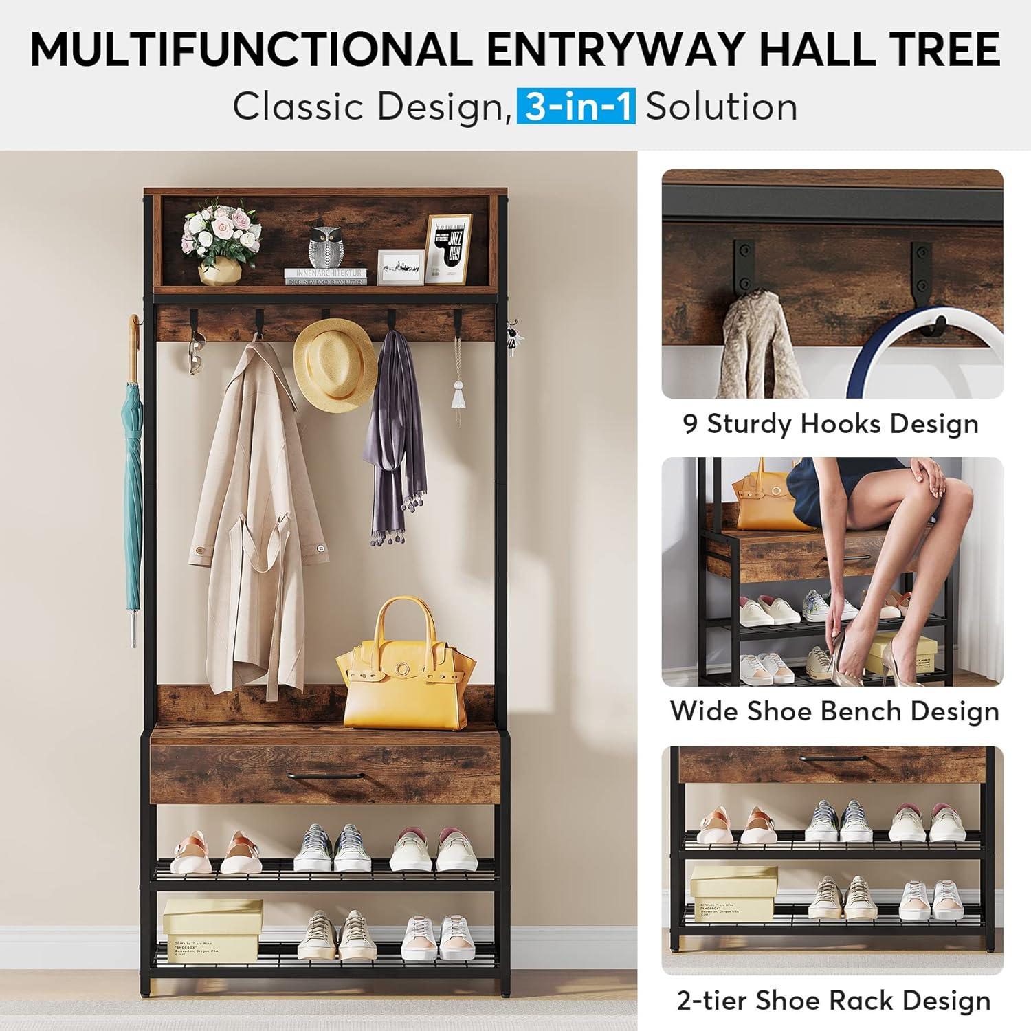 Tribesigns 3-in-1 Entryway Hall Tree with Drawer, Vintage Industrial Coat Rack with Shoe Storage Rack and Hutch for Living Room Bedroom