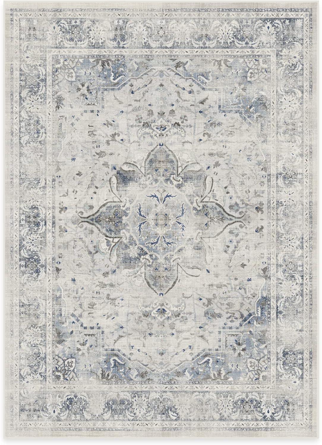 Off-White and Blue 5' x 7' Synthetic Flatwoven Washable Area Rug