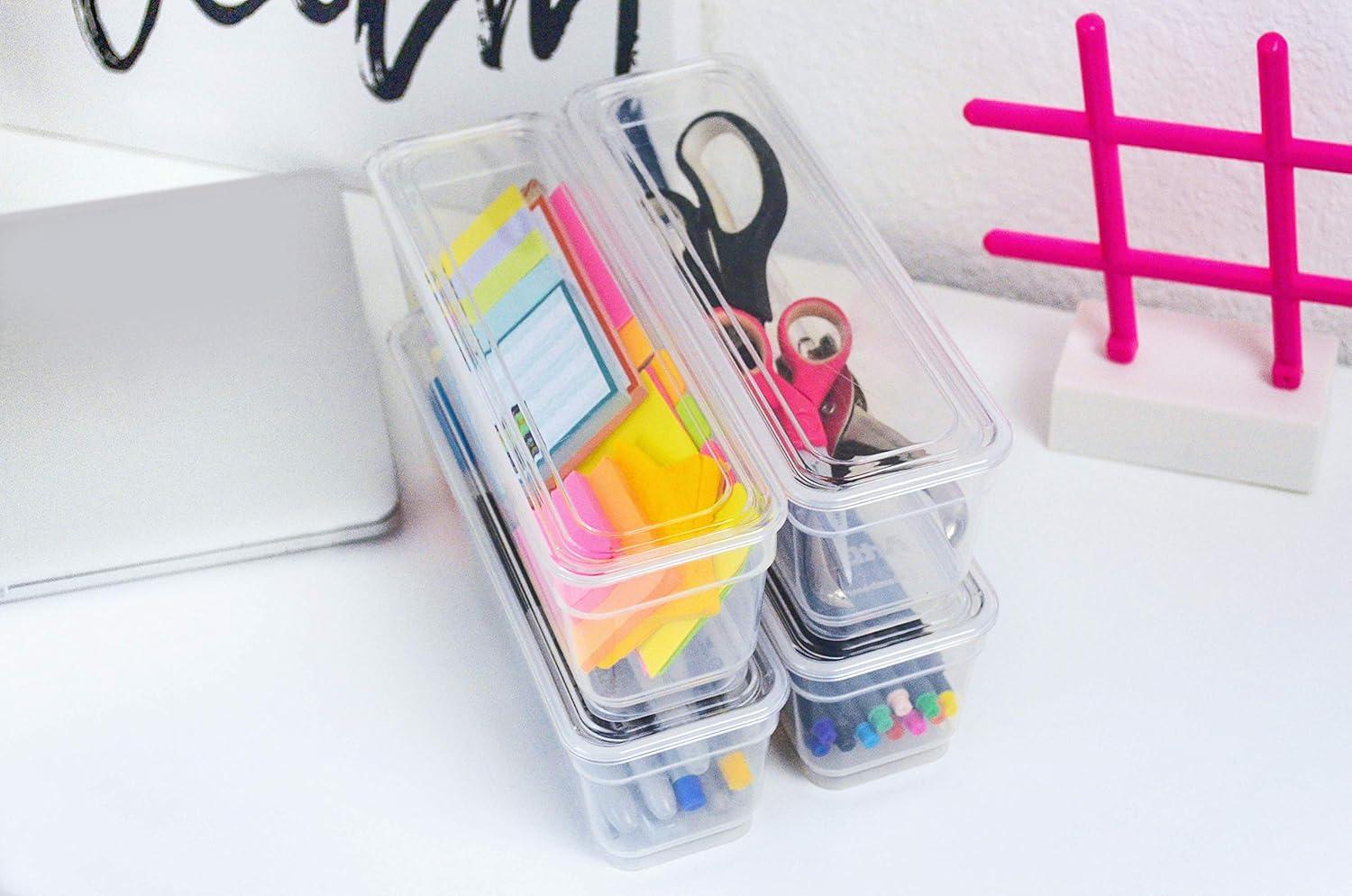 AB Designs Bin Pack, [6] Long Home Organizer Storage Boxes with Lids, Translucent Clear