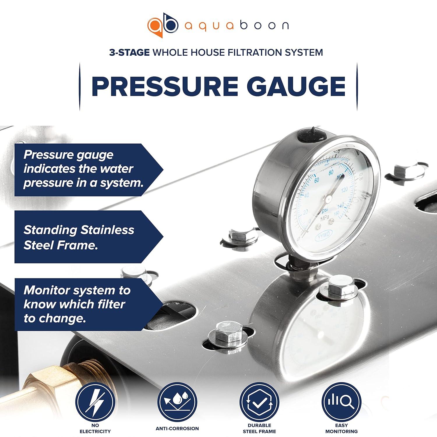 Aquaboon 3-Stage 20" Whole House Big Housings Blue Color Filtration System, Freestanding Steal Frame, Pressure Gauges, GAC Filter, Carbon Block, Sediment Filter Cartridges