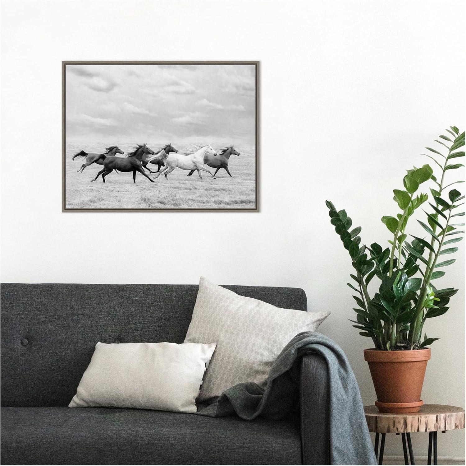 24" x 18" Horse Run I by PH Burchett Framed Canvas Wall Art - Amanti Art: Modern Lithograph, Sawtooth Back Mounted