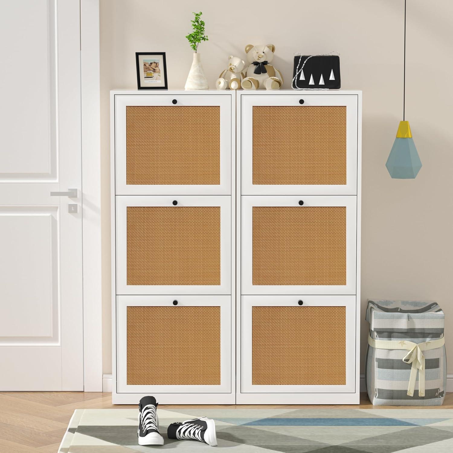 White and Rattan 3-Tier Flip Drawer Shoe Cabinet