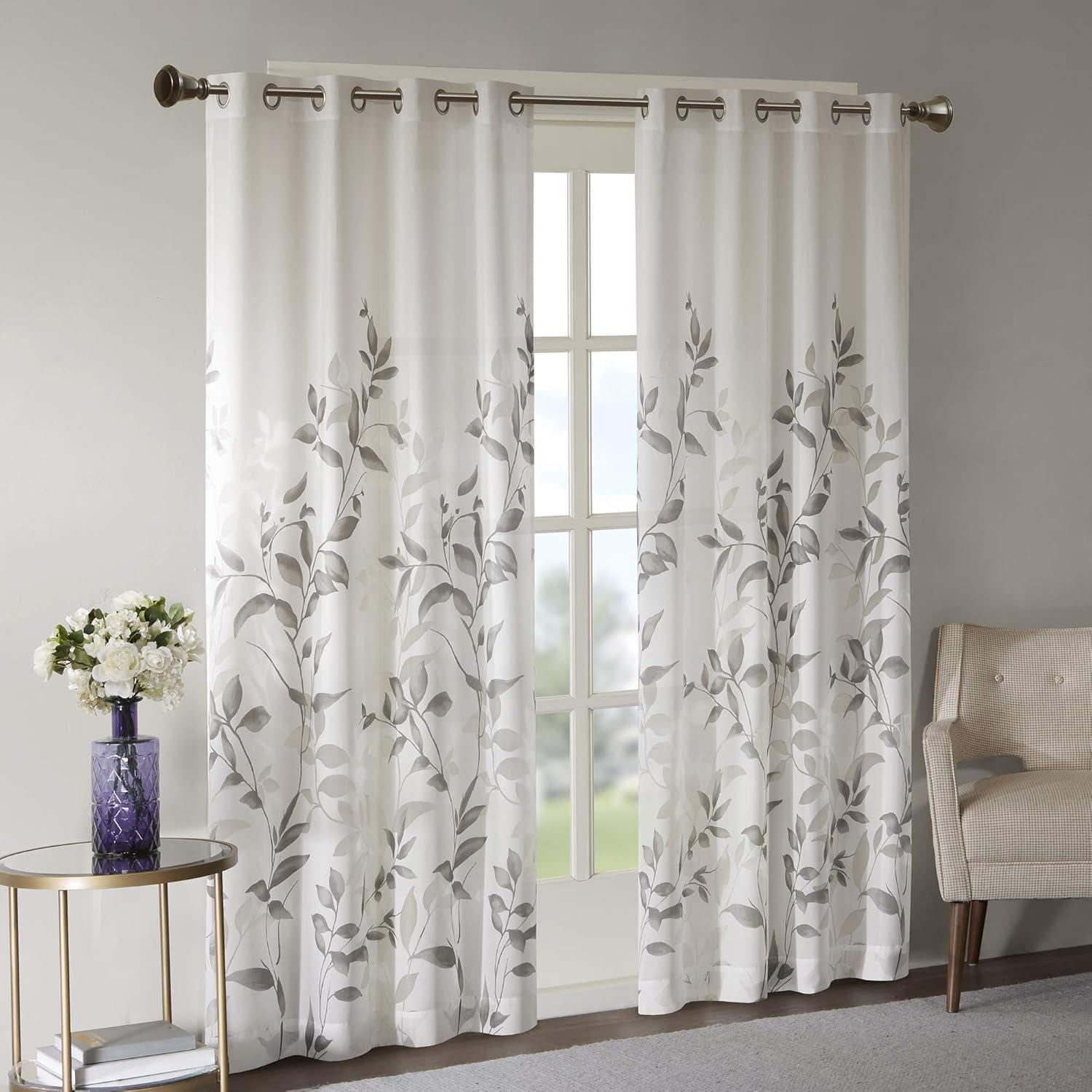 50"x84" Madison Park Sheer Rosalie Burnout Printed Curtain Panel Gray: Light Filtering, Floral, Modern, Indoor Use