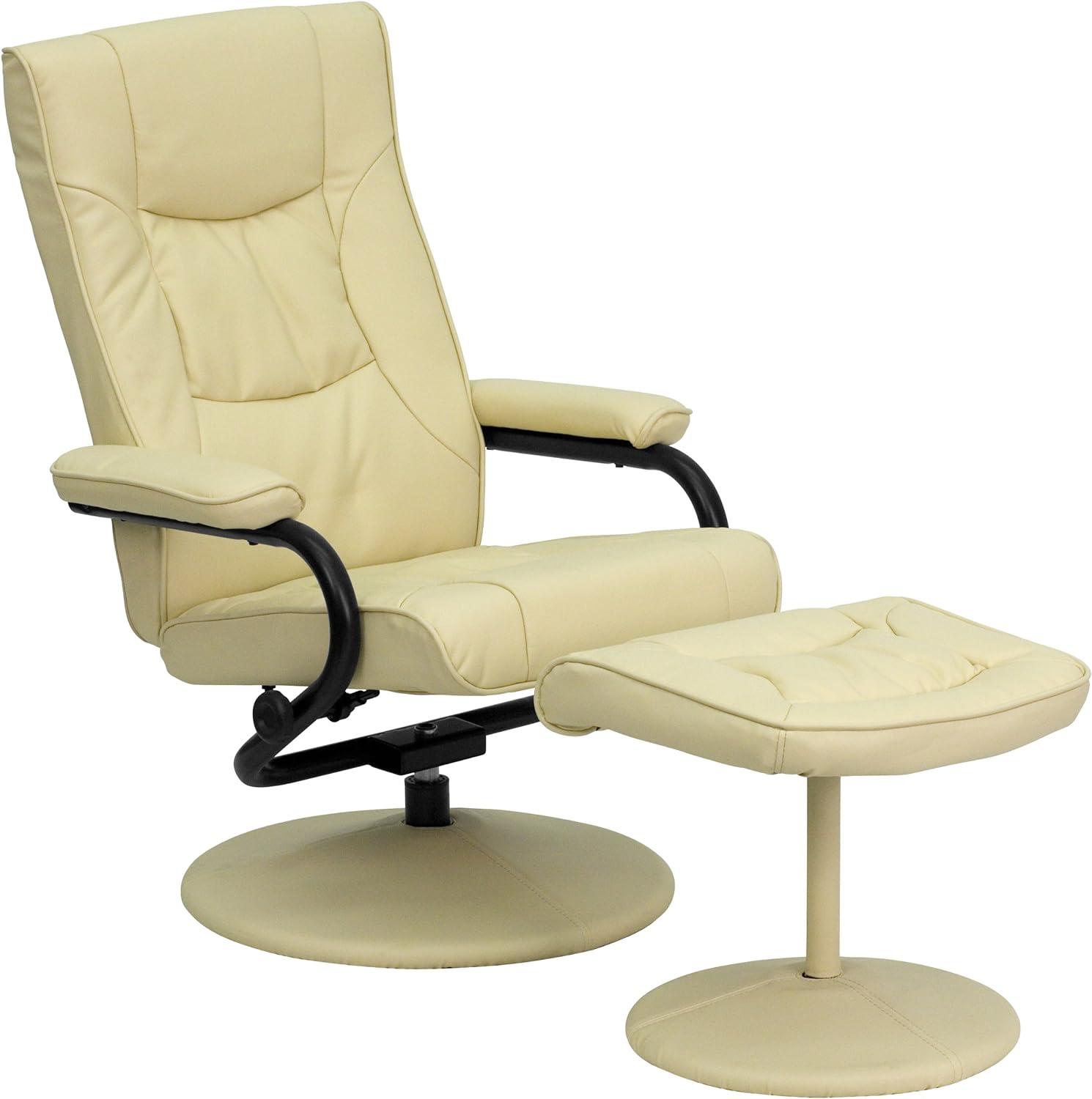 Cream Leather Swivel Recliner with Ottoman and Metal Base