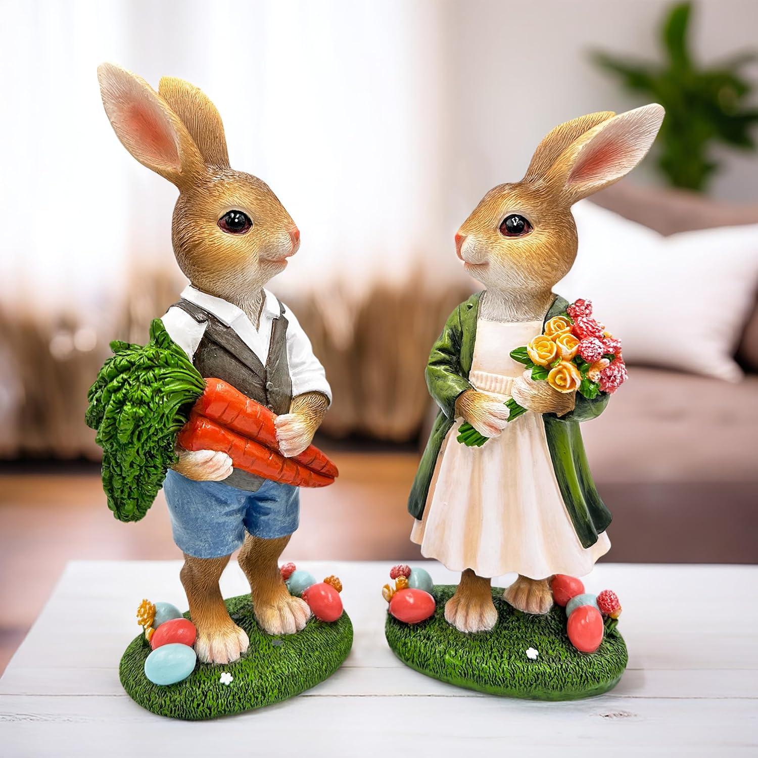 Harvest and Bloom Country Bunny Pair Figurine, 8" Rabbit Garden Statue Set| OrnamentallyYou