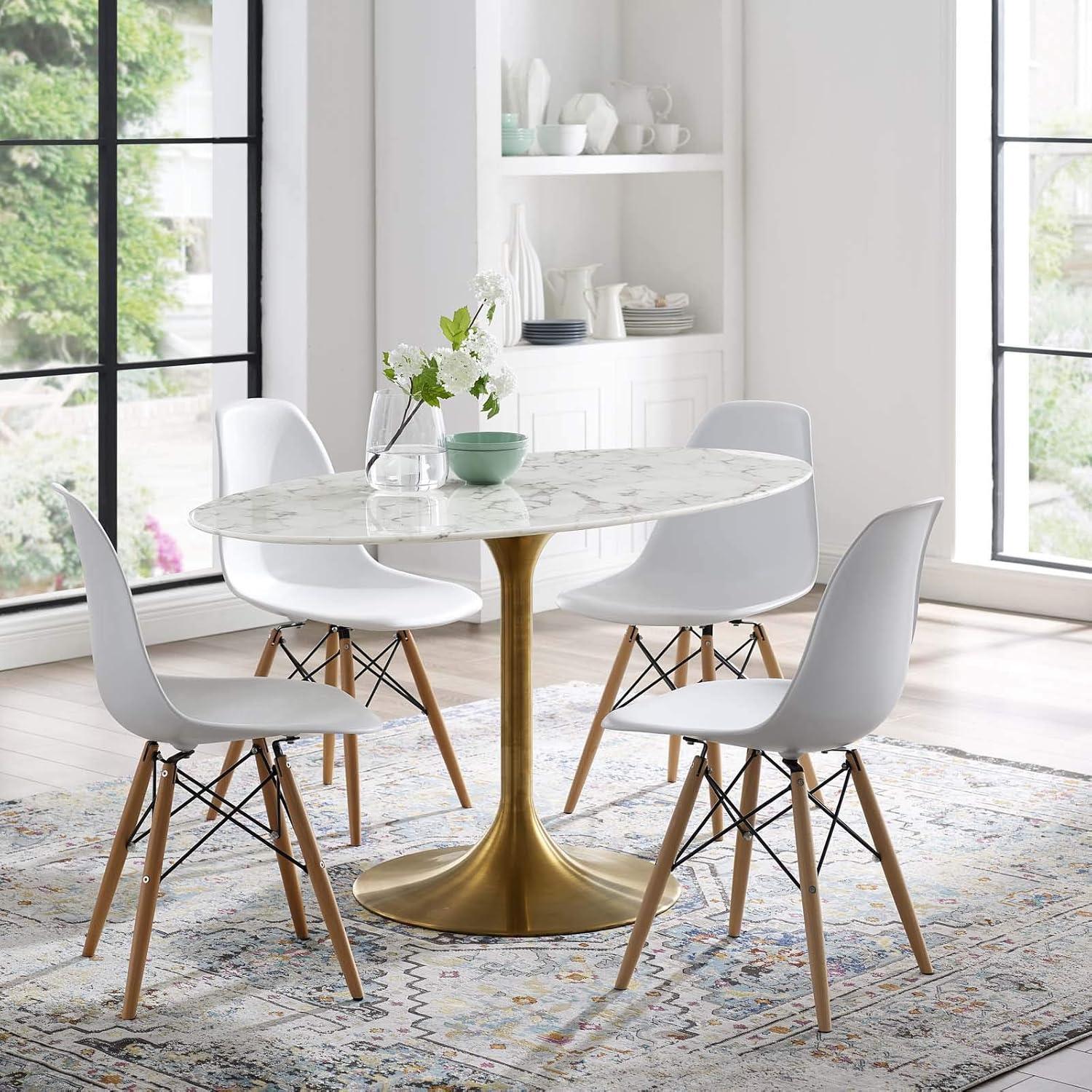 Oval White Marble and Gold Mid-Century Modern Dining Table