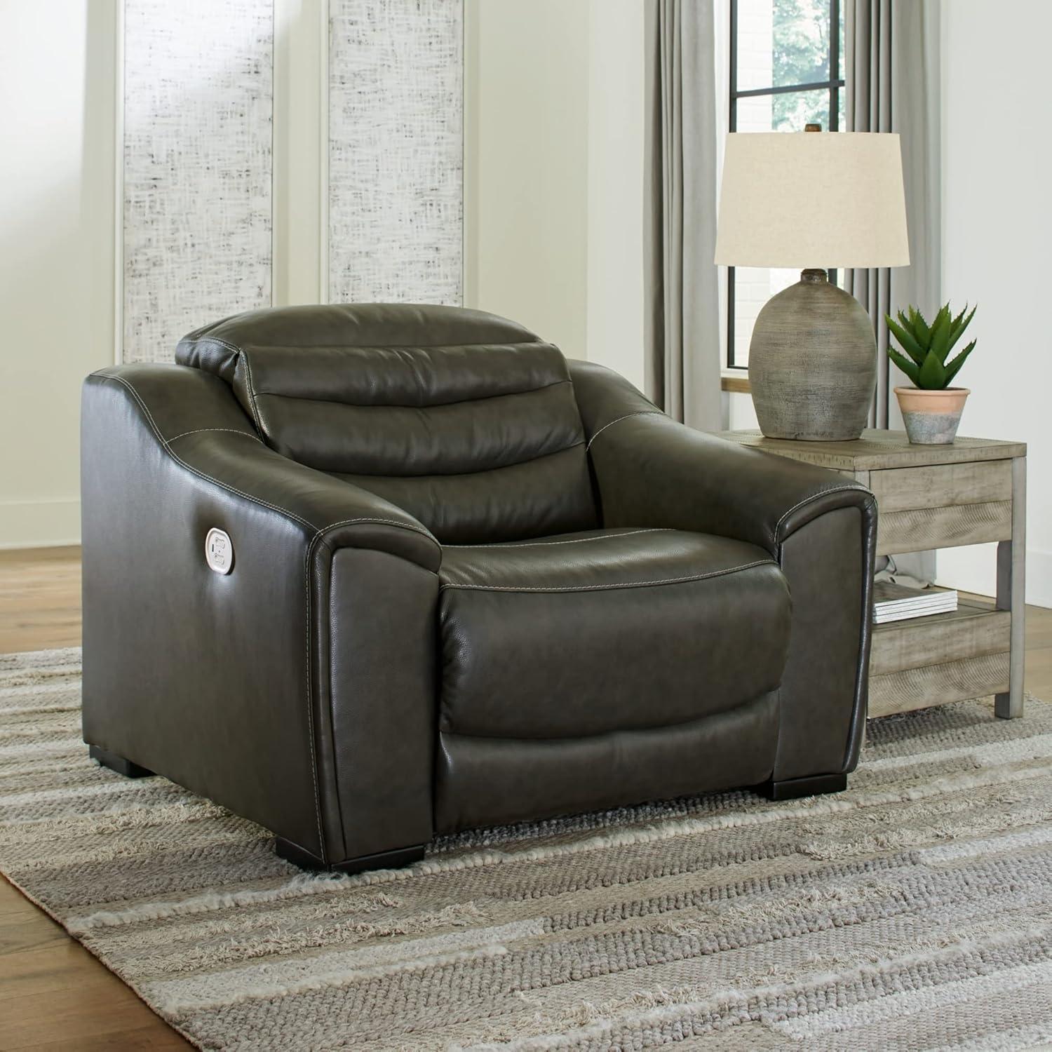 Ashley Furniture Center Line Leather Power Recliner with Headrest in Gray