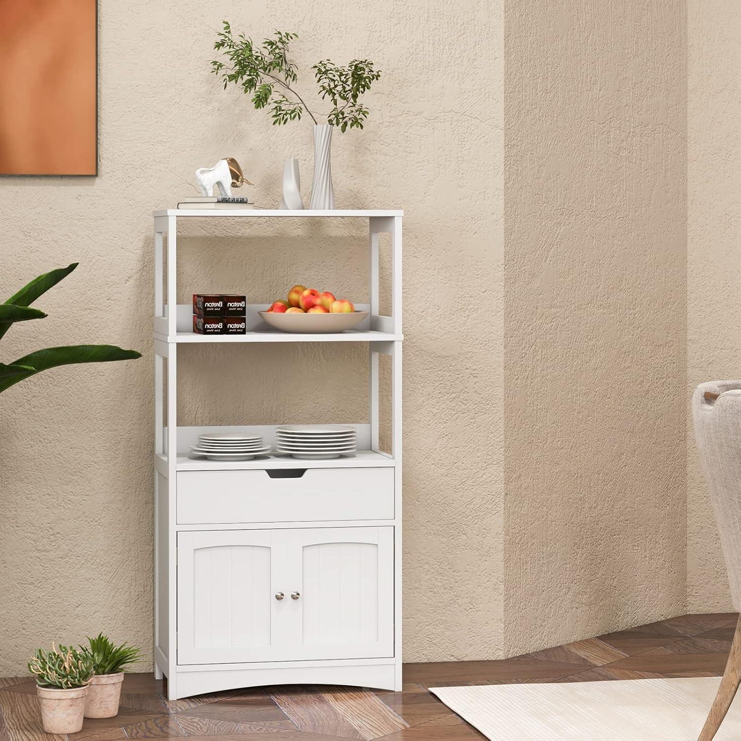 White Painted Engineered Wood Freestanding Cabinet with Shelves
