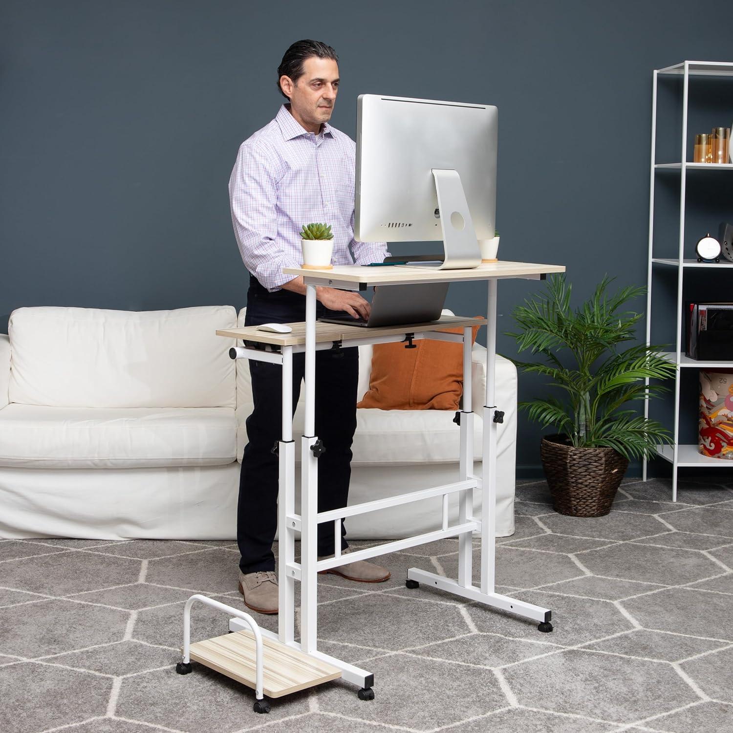 White Adjustable Height Mobile Standing Desk with Keyboard Tray