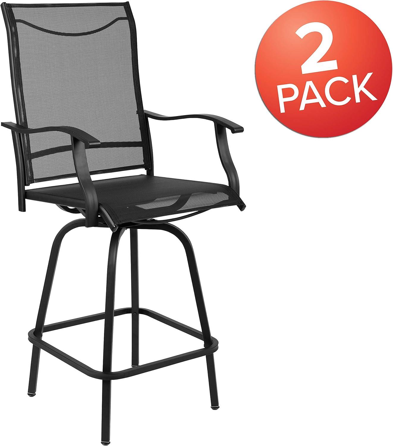 Flash Furniture Patio Bar Height Stools Set of 2, All-Weather Textilene Swivel Patio Stools and Deck Chairs with High Back & Armrests in Black