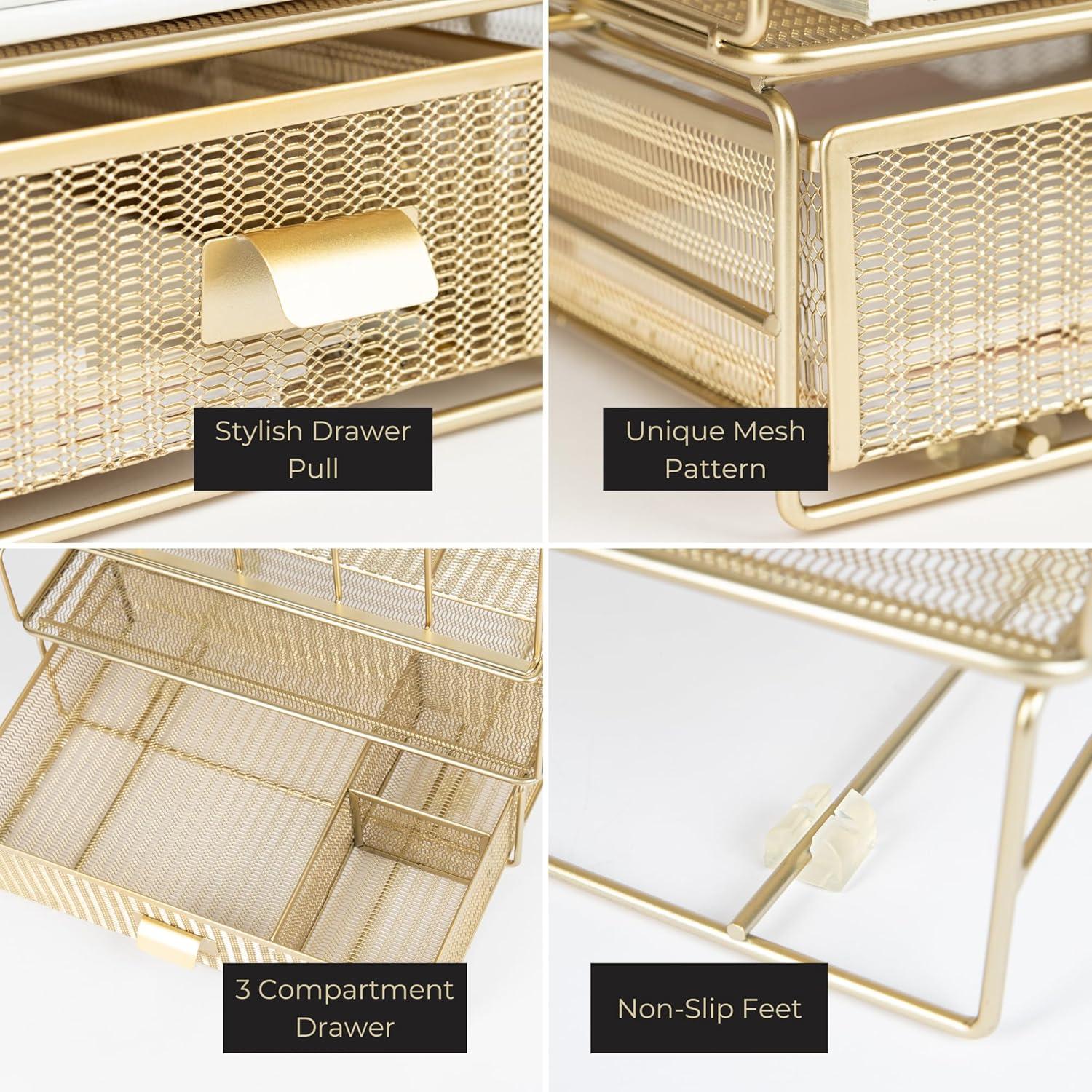 Blu Monaco Gold Desk Organizer - Includes Detachable File Organizer, Stackable Paper Tray & Drawer, Office Supplies for Desk