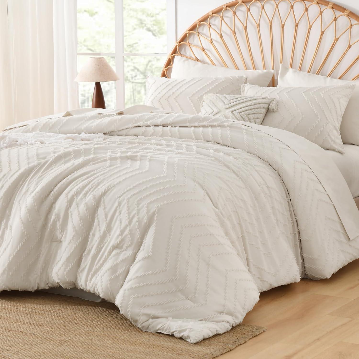 Beige Tufted Boho Queen Comforter Set with Pom Pom Accents