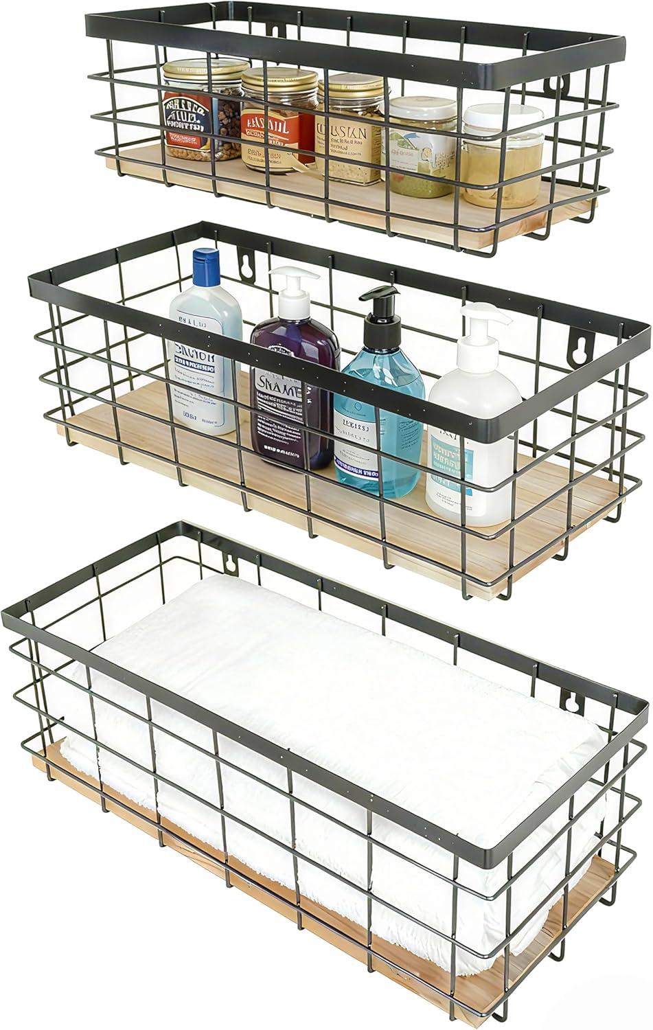 Metal Wire Basket Detachable Wood Base Storage Organizer Farmhouse Small Bins for Kitchen Cabinets, Bathroom, Pantry, Laundry Room, Closets Set of 2,Black Color