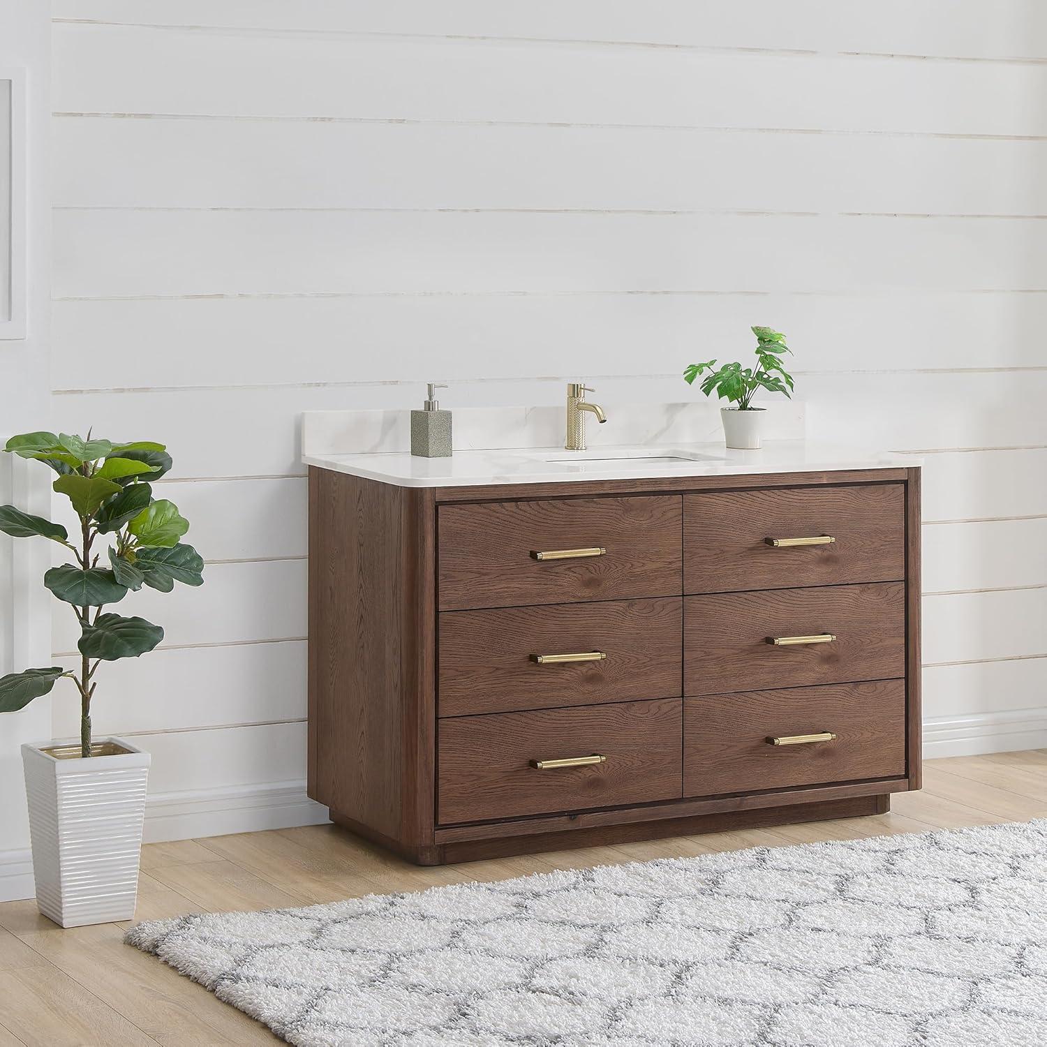 Porto 55" Aged Dark Brown Oak Single Bath Vanity with Fish Maw White Quartz