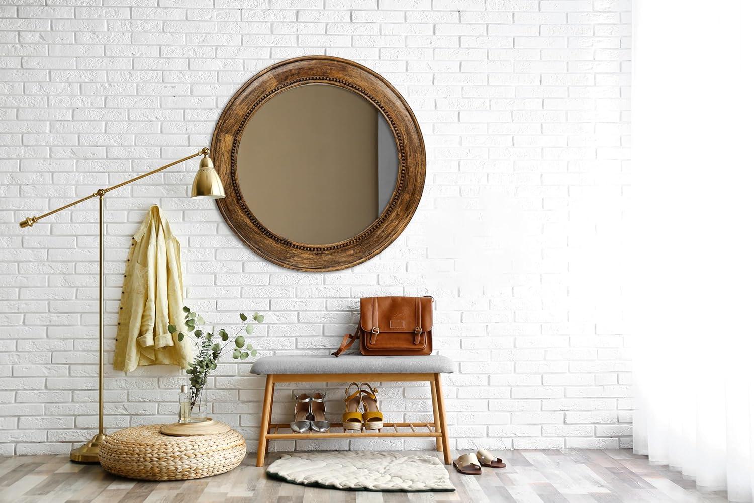 Storied Home Round Carved Wood Framed Wall Mirror with Hobnail Detail: No Assembly, Mango Wood