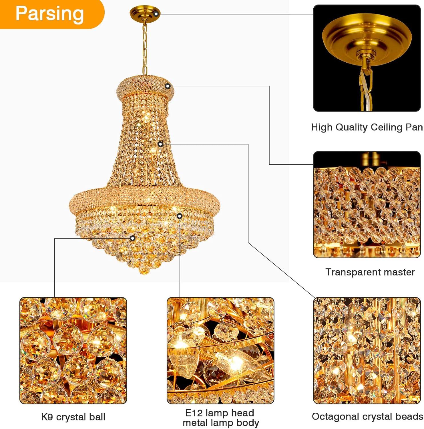 12 Lights Gold Finish Empire Crystal Chandelier Lighting for Dining Room Living Room Foyer Hallway Bedroom Entryway (Dia 22'')