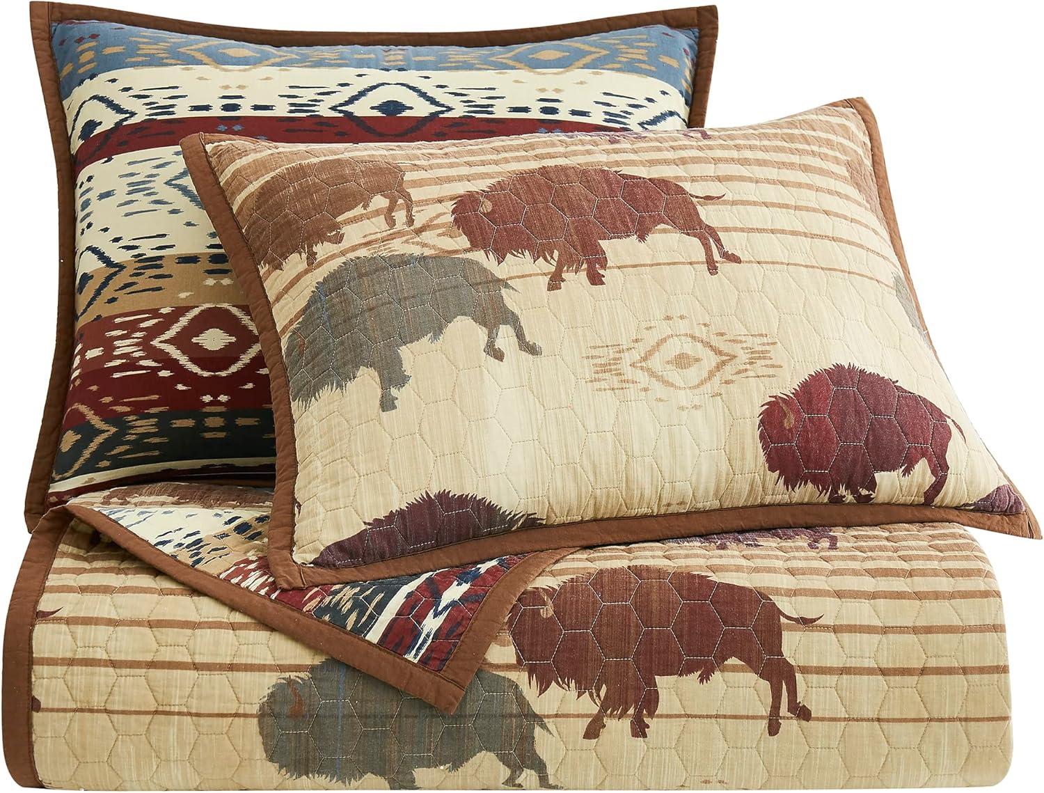 Home on the Range Printed Buffalo Aztec Cotton Western Style Reversible 3 Piece Quilt Set