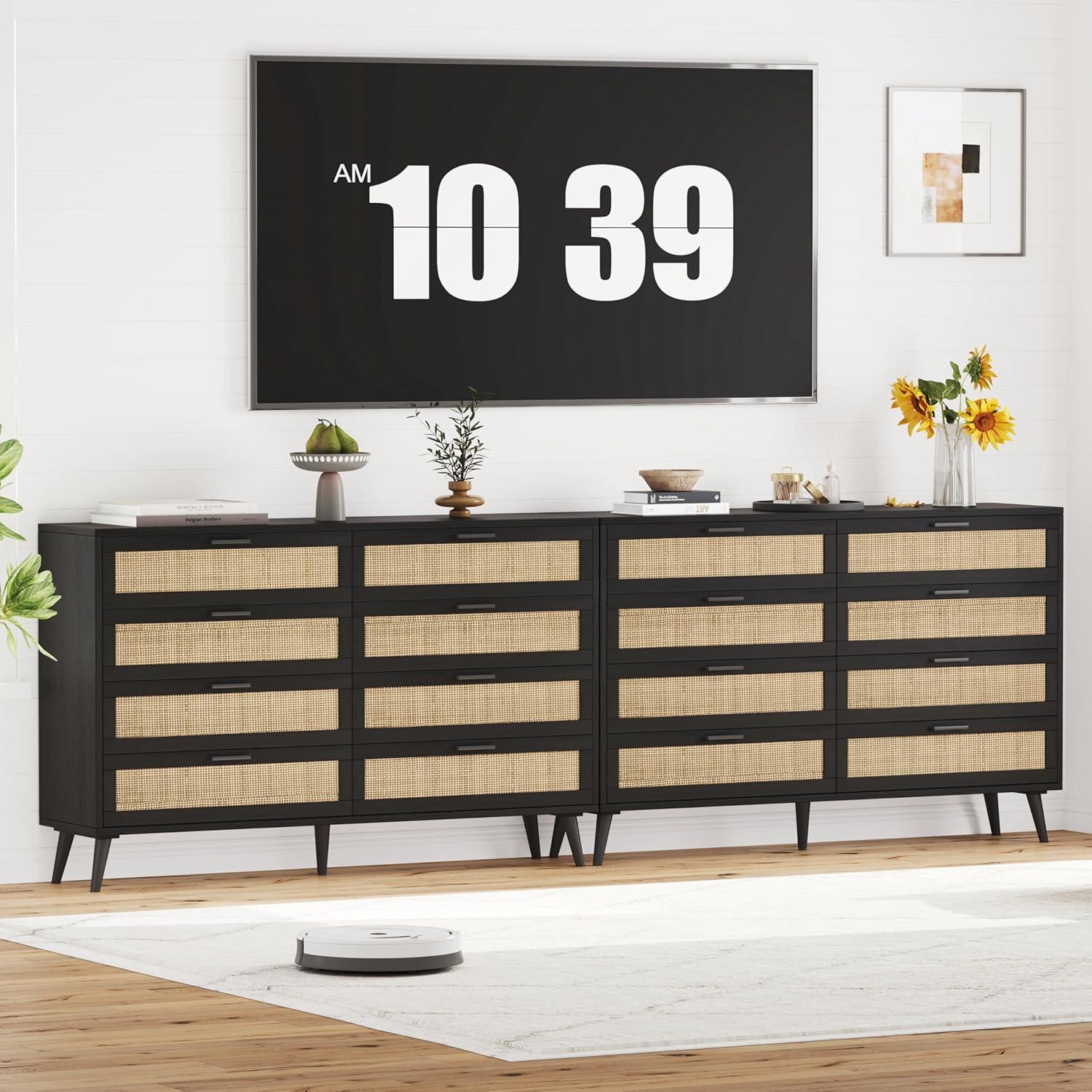 Faitaliicy 8 Drawer Double Dresser For Bedroom Wood Rattan Dresser Chest Of Drawers Modern Beside Table Wide Storage Cabinet For Closet Bedroom Living Room Entryway