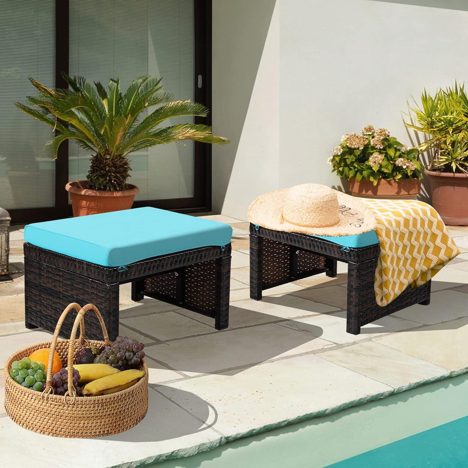 Tangkula 2 PCS Outdoor Wicker Ottoman Patio Rattan Furniture Metal Footrest Seat Square Footstool with Cushion Turquoise