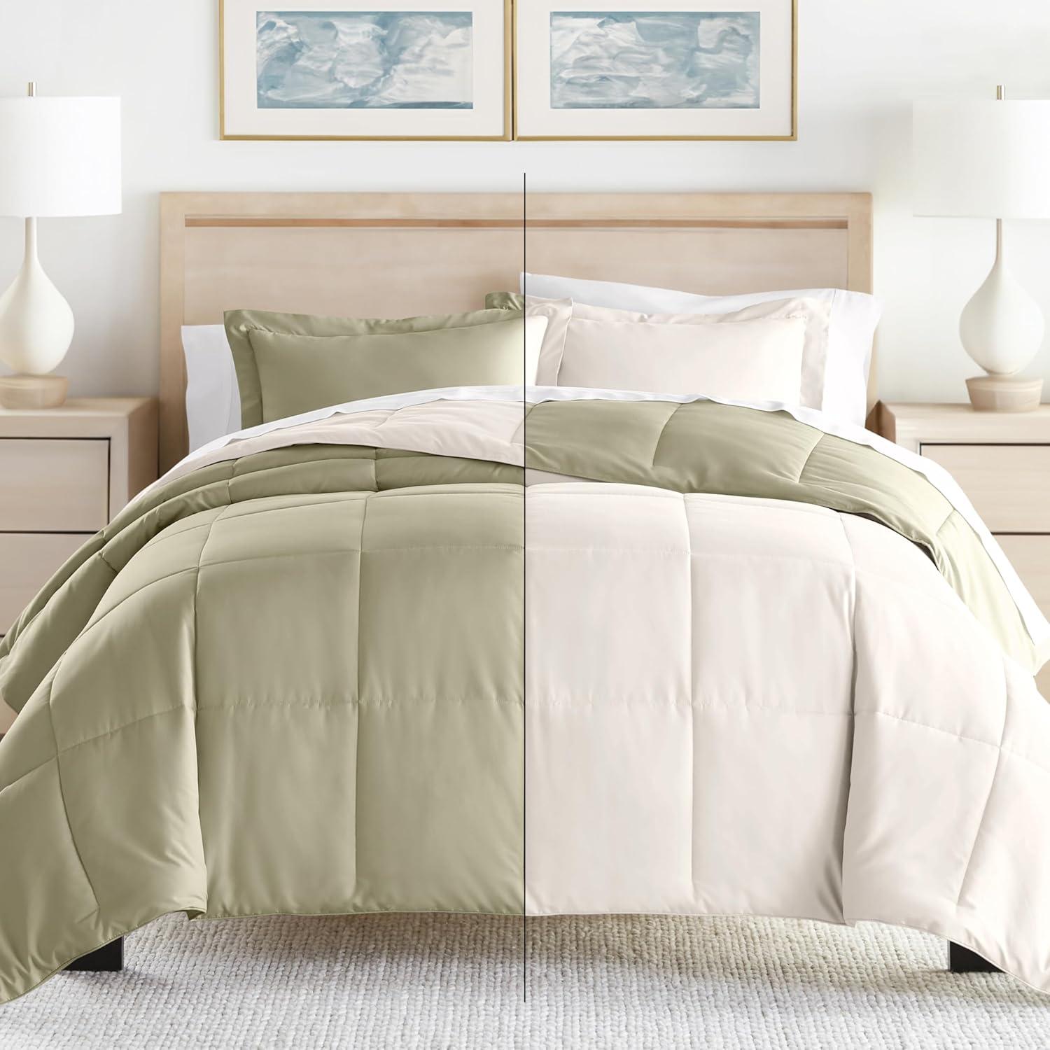 Sage and Off-White Twin Reversible Microfiber Comforter Set