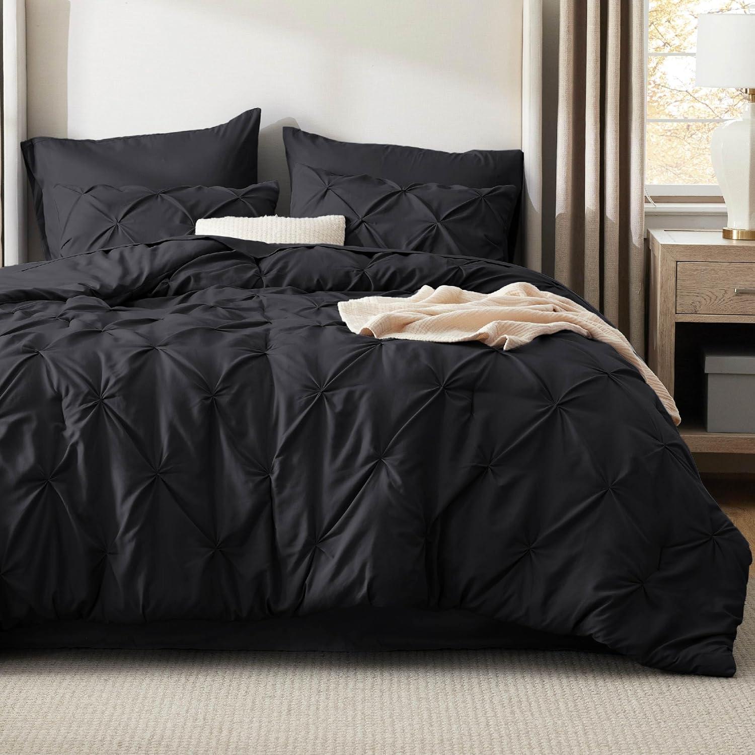 Black King Size Comforter Set - Bedding Set King 7 Pieces, Pintuck Bed in a Bag Black Bed Set with Comforter, Sheets, Pillowcases & Shams