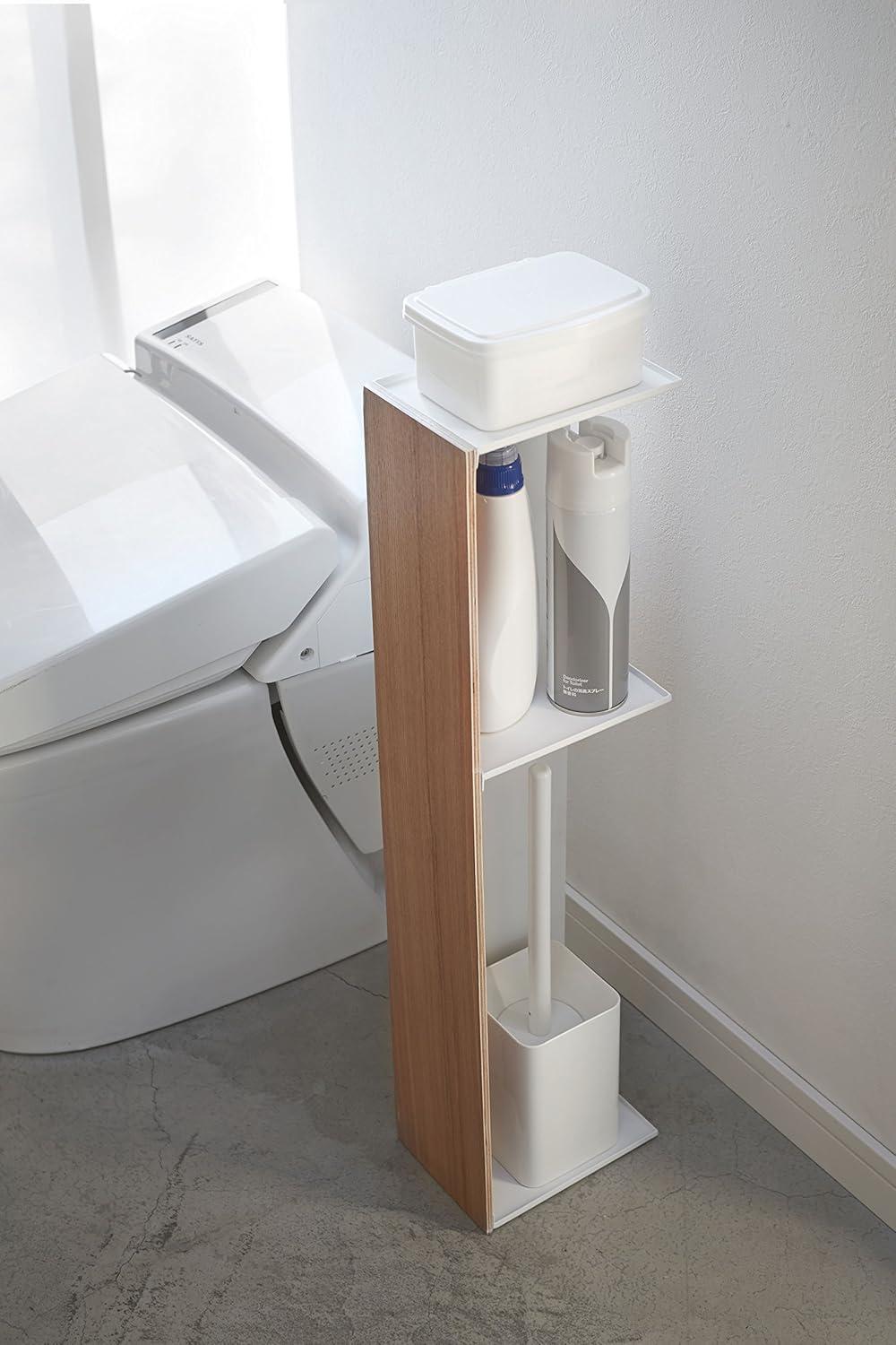 Natural Brown Wooden Toilet Paper Holder with Shelf