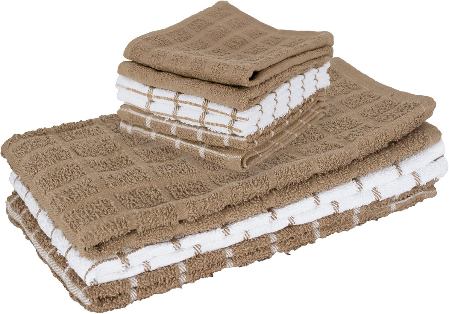 John Ritzenthaler Co. Ritz 3-Pack Terry Check Kitchen Towel Set and 6-Pack Terry Check Dish Cloth Set, Mocha