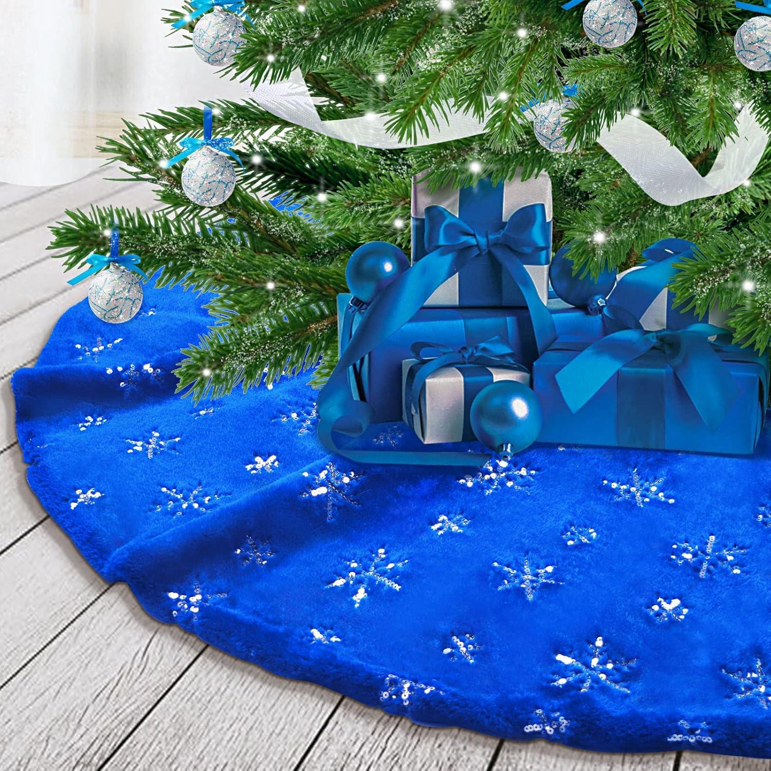 TYMZDYN Blue Christmas Tree Skirt Plush 30 inches Dark Blue Fur Christmas Tree Skirt with Silver Sequin Snowflake Xmas Tree Skirt Mat for New Year Holiday Christmas Day Decorations