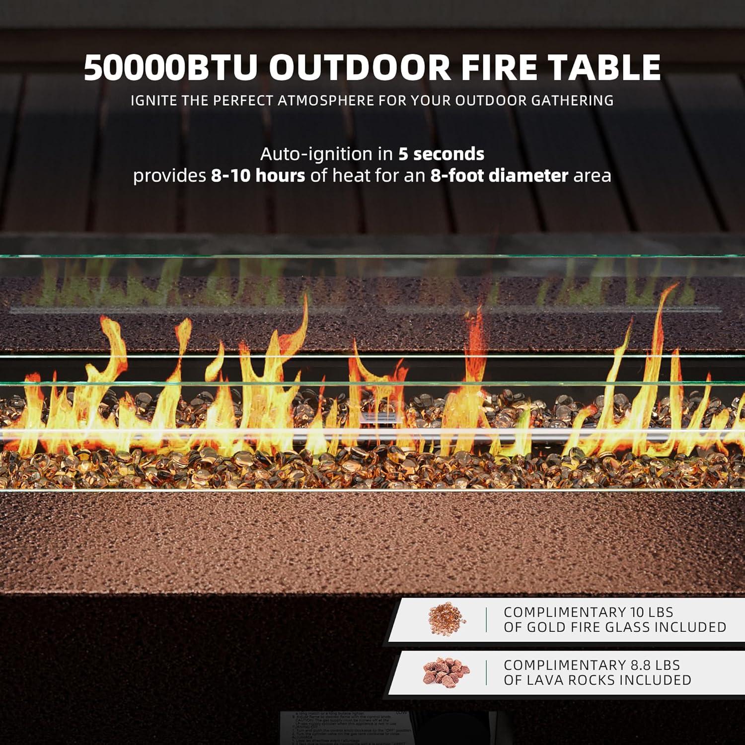 UPHA 42-inch Outdoor Propane Rectangle Fire Pit Table 50000 BTU Iron Gas FirePit for Outside Patio with Tank Cover, Removable Lid, Lava Rocks, Rain Cover, Grey